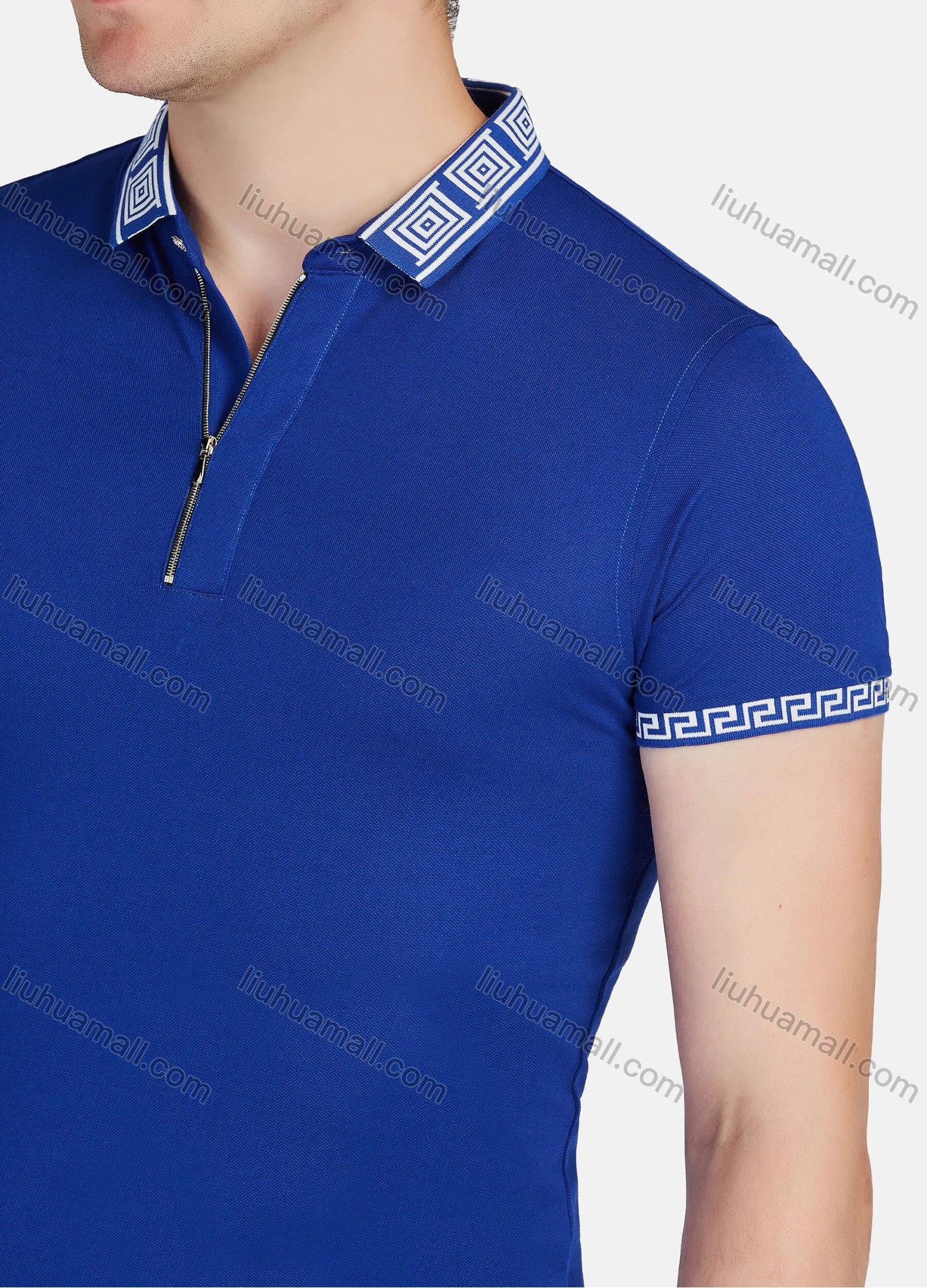 Wholesale Men's Casual Plain Greek Key Quarter Zip Short Sleeve Polo Shirts - Liuhuamall