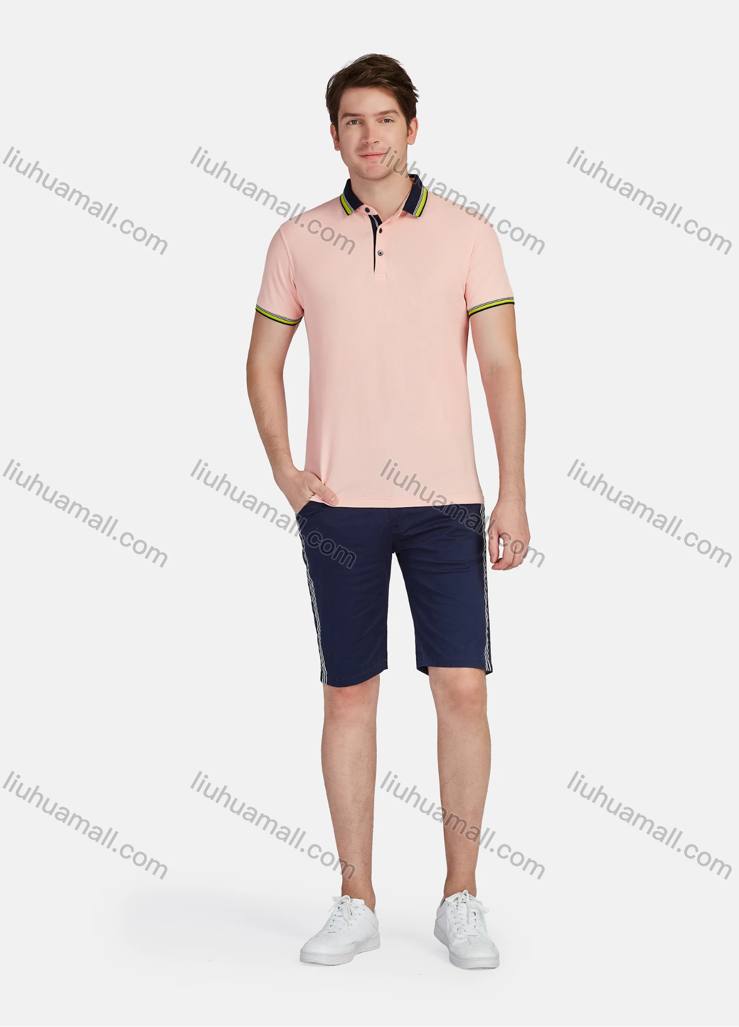 Wholesale Men's Casual Plain Striped Short Sleeve Polo Shirts - Liuhuamall