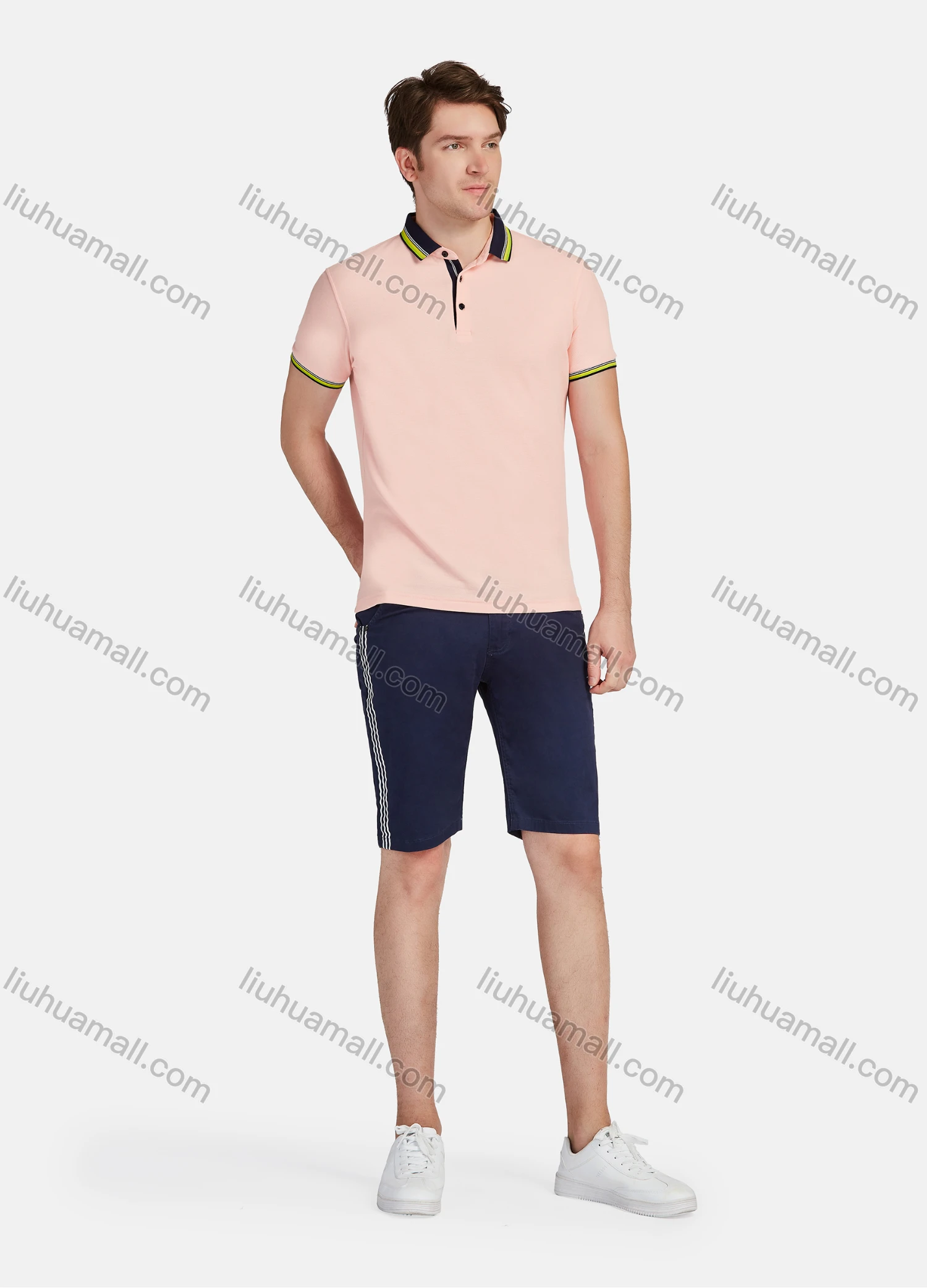Wholesale Men's Casual Plain Striped Short Sleeve Polo Shirts - Liuhuamall