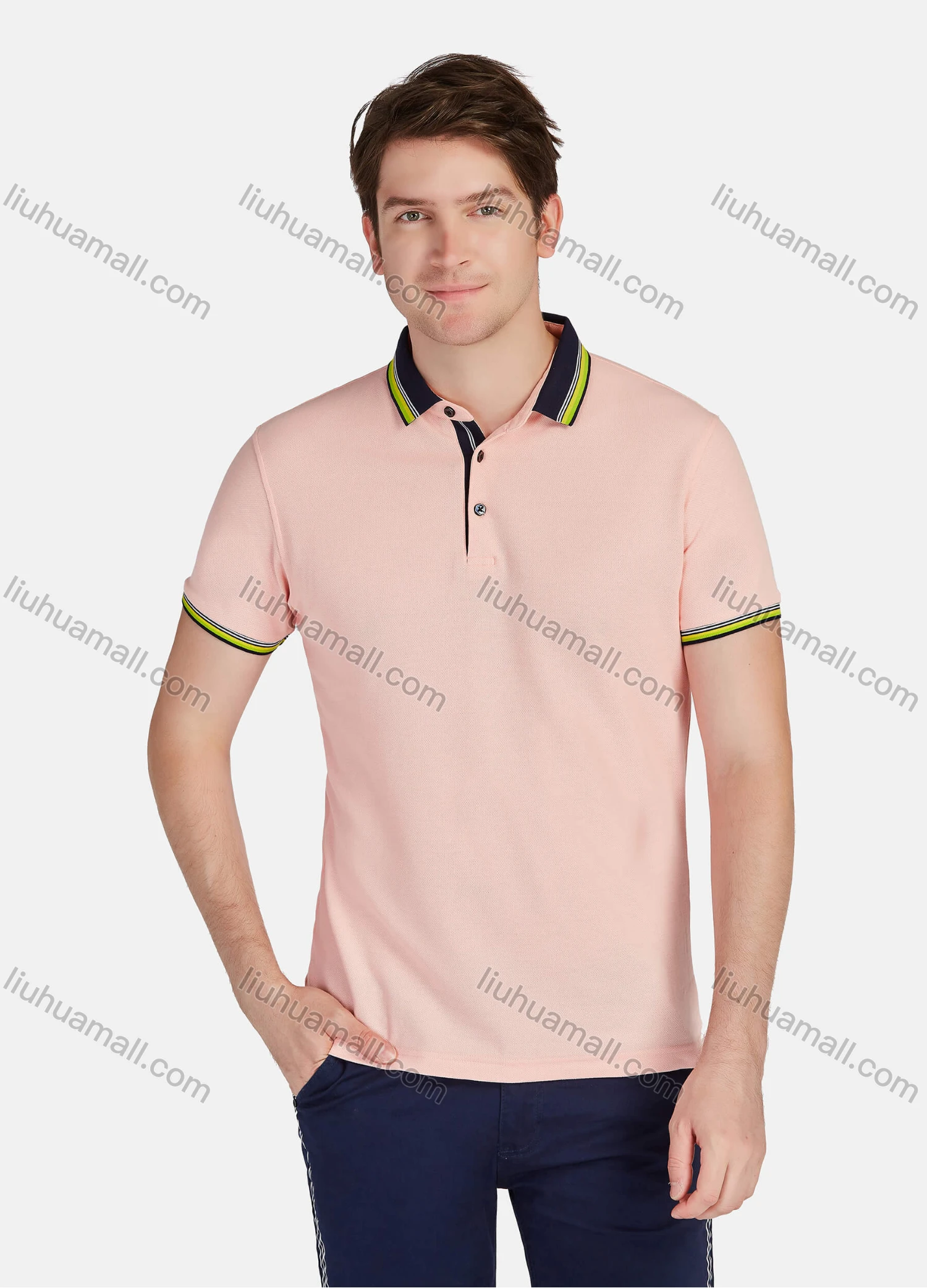 Wholesale Men's Casual Plain Striped Short Sleeve Polo Shirts - Liuhuamall