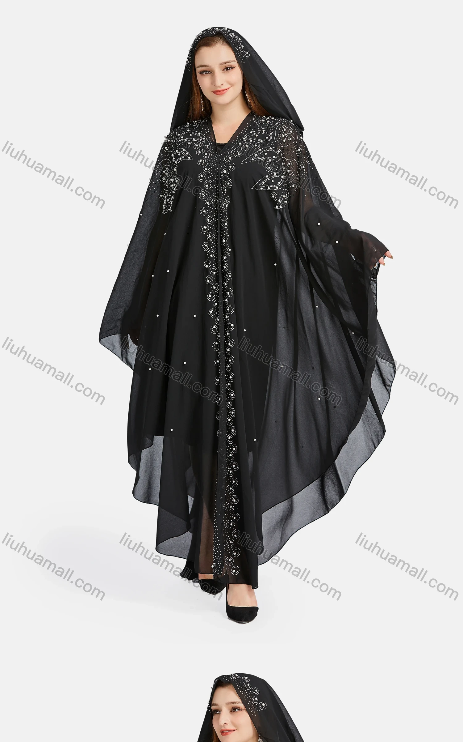 Wholesale Women's Muslim Islamic Plain Rhinestone Pearl Decor Maxi Kaftan With Hijab WQ90# - Liuhuamall