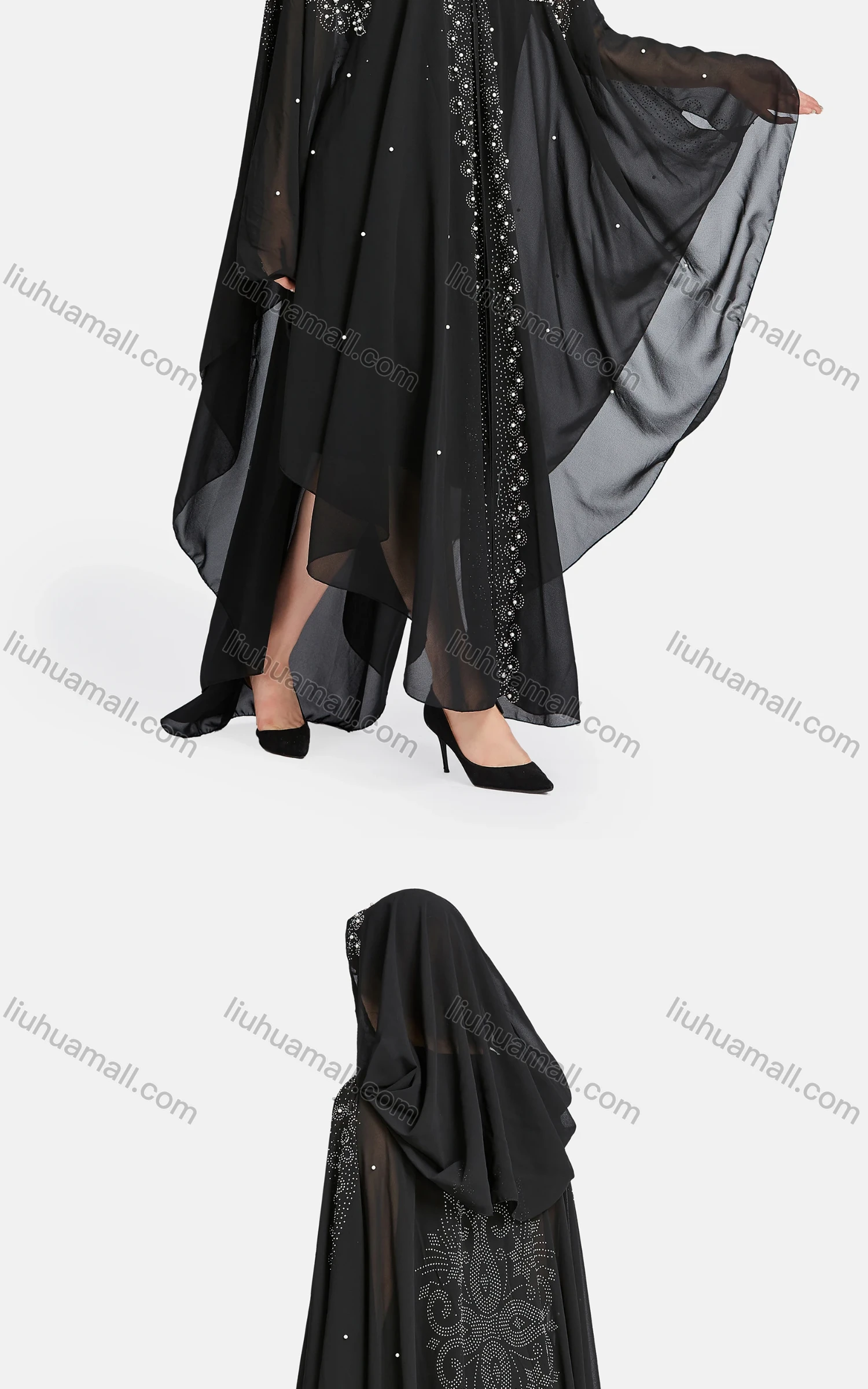 Wholesale Women's Muslim Islamic Plain Rhinestone Pearl Decor Maxi Kaftan With Hijab WQ90# - Liuhuamall