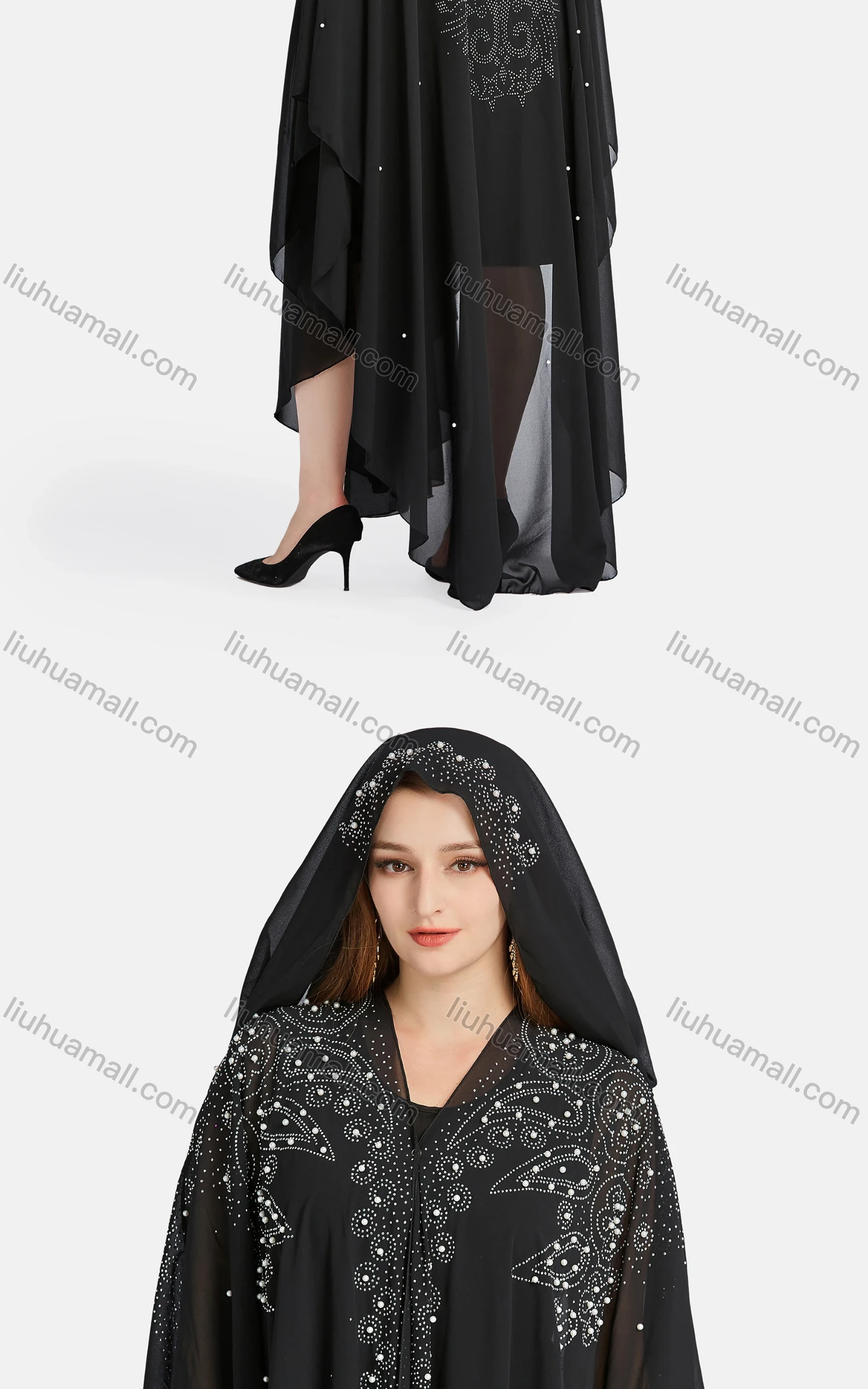 Wholesale Women's Muslim Islamic Plain Rhinestone Pearl Decor Maxi Kaftan With Hijab WQ90# - Liuhuamall