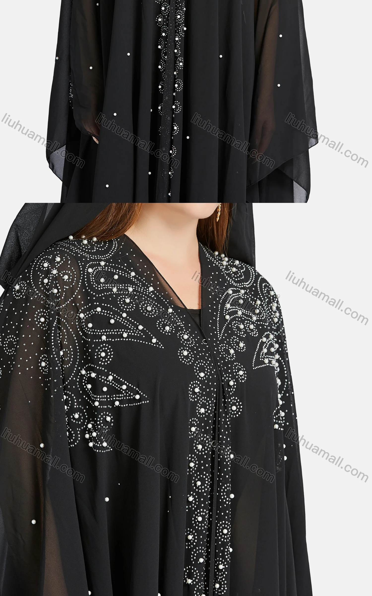 Wholesale Women's Muslim Islamic Plain Rhinestone Pearl Decor Maxi Kaftan With Hijab WQ90# - Liuhuamall