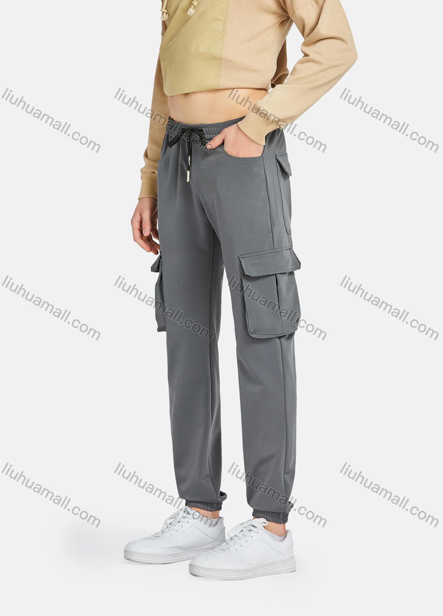 Wholesale Men's Casual Plain Elastic Waist Drawstring Multiple Pockets Ankle Length Cargo Pants JoggersYXNW-PTPL-38# - Liuhuamall