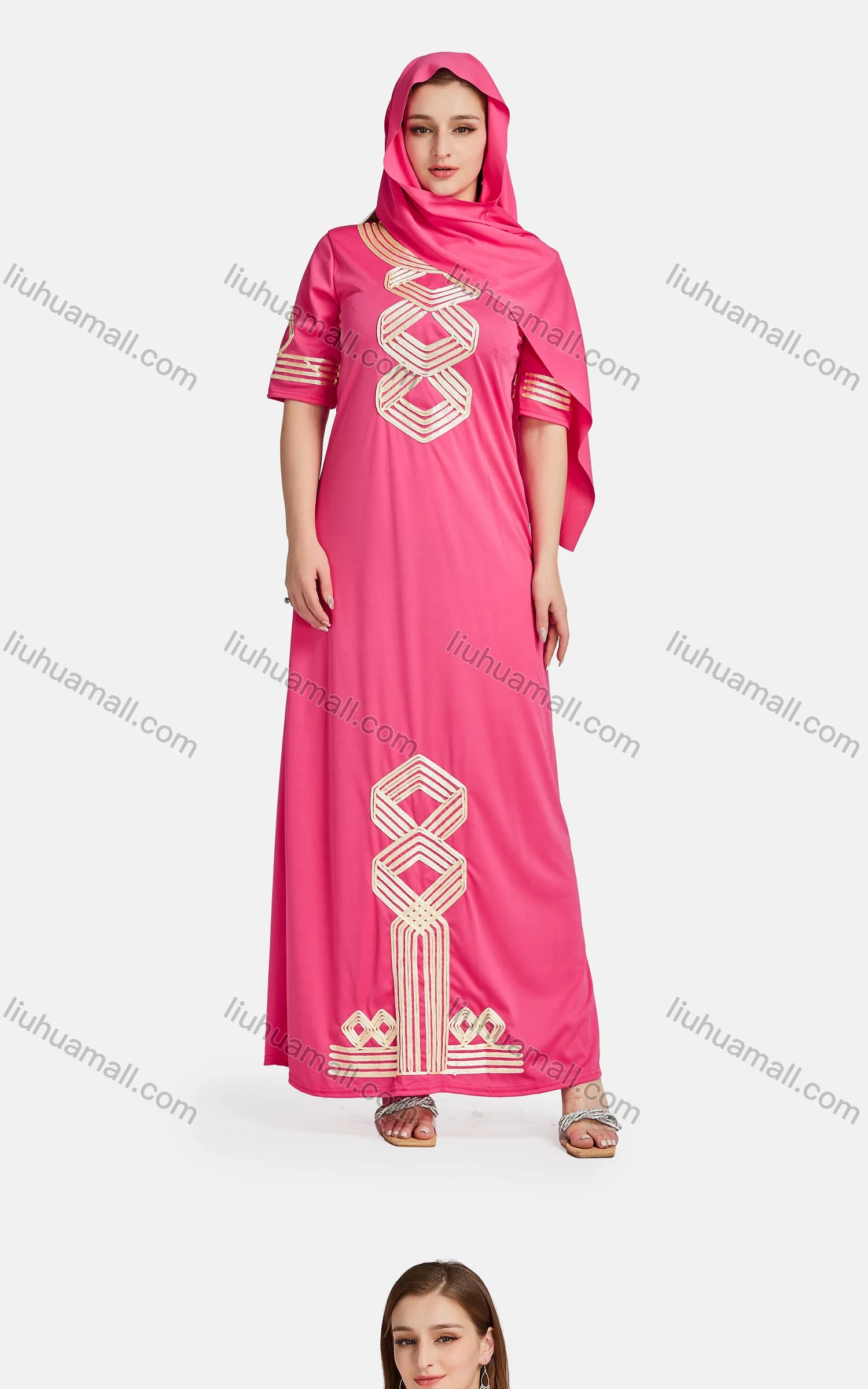 Wholesale Women's African Embroidered Argyle Print Maxi Dress With Scarf - Liuhuamall