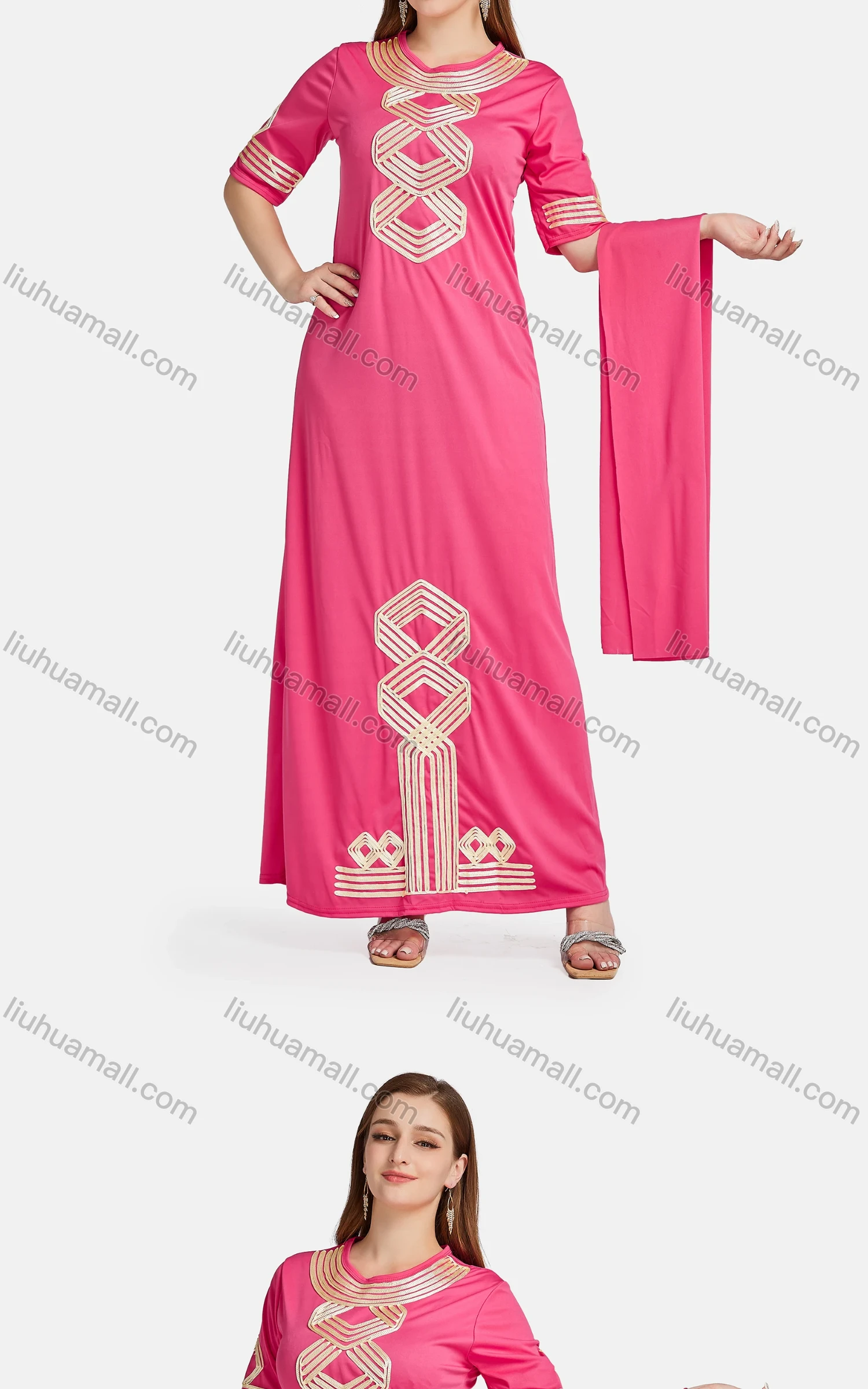 Wholesale Women's African Embroidered Argyle Print Maxi Dress With Scarf - Liuhuamall