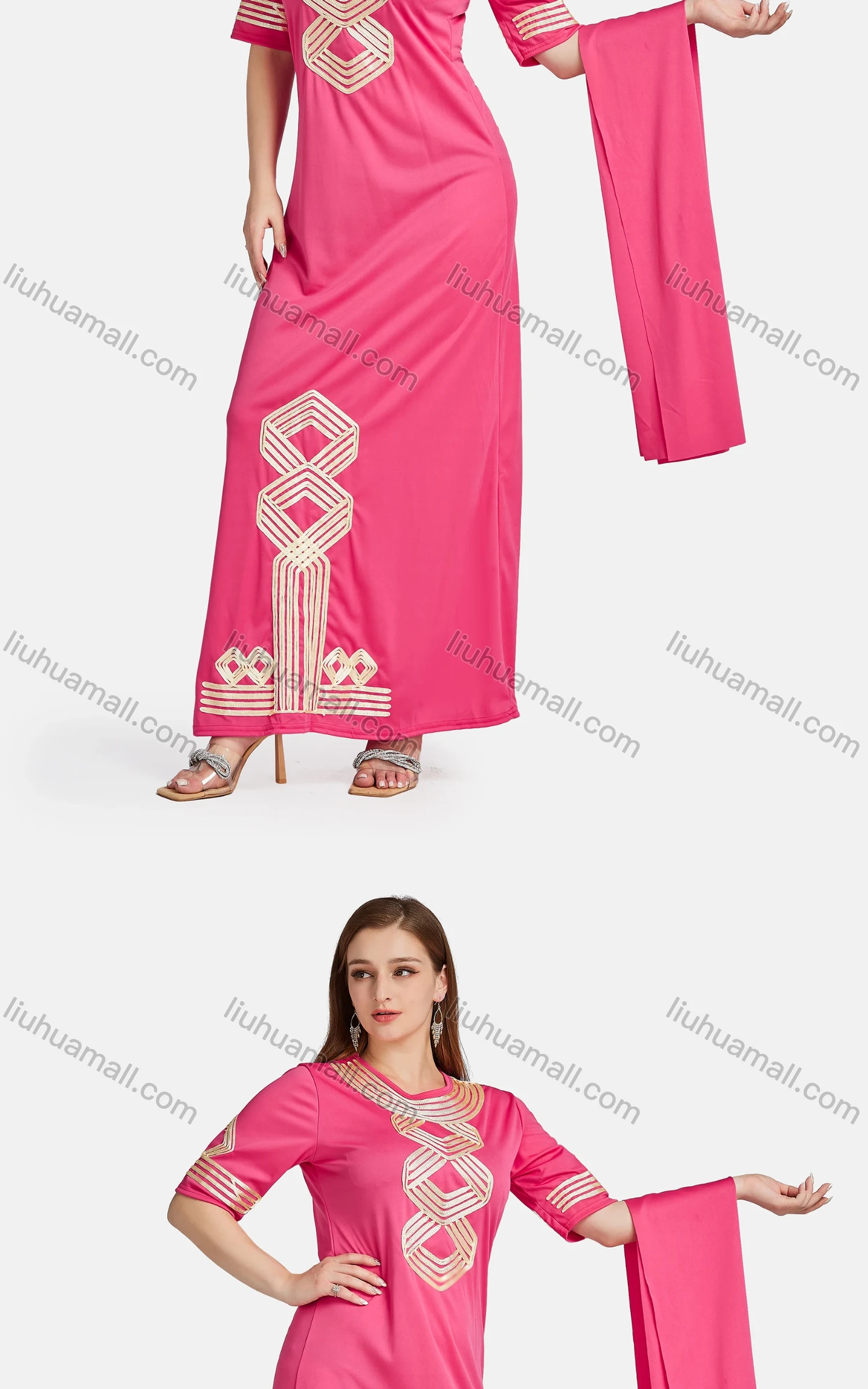 Wholesale Women's African Embroidered Argyle Print Maxi Dress With Scarf - Liuhuamall