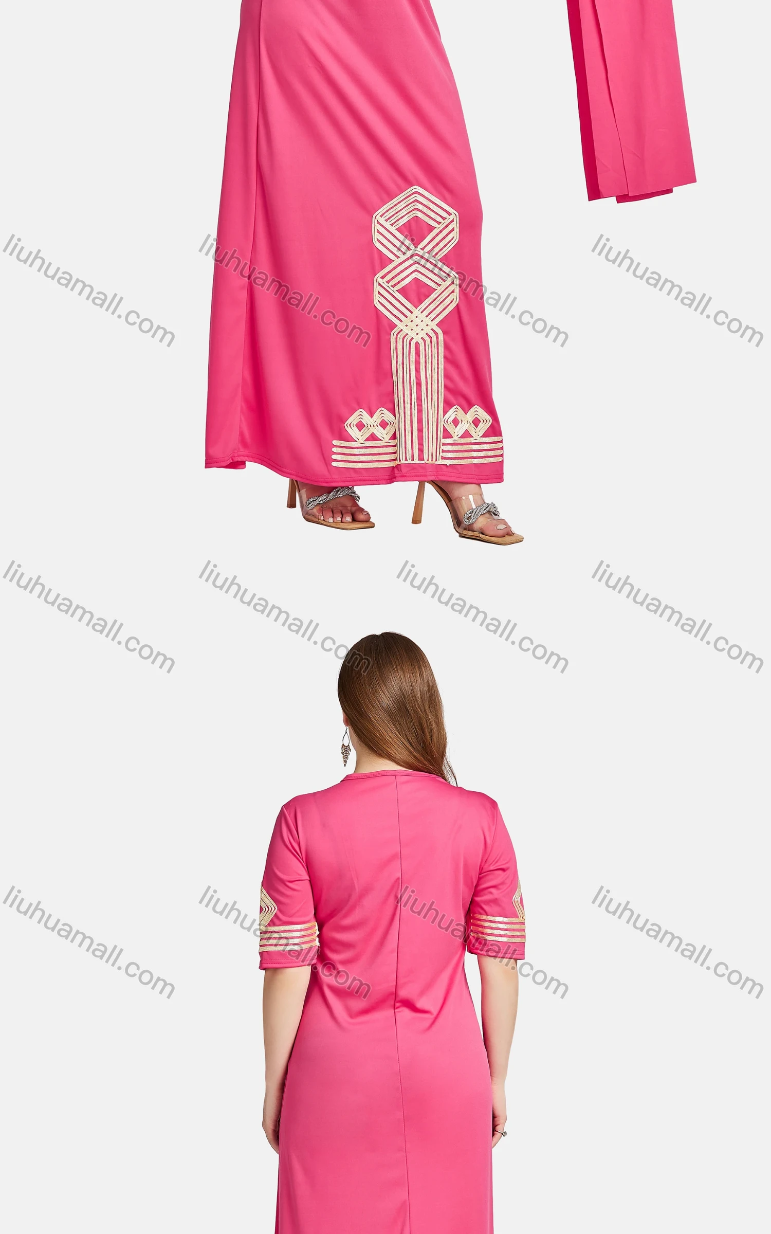 Wholesale Women's African Embroidered Argyle Print Maxi Dress With Scarf - Liuhuamall