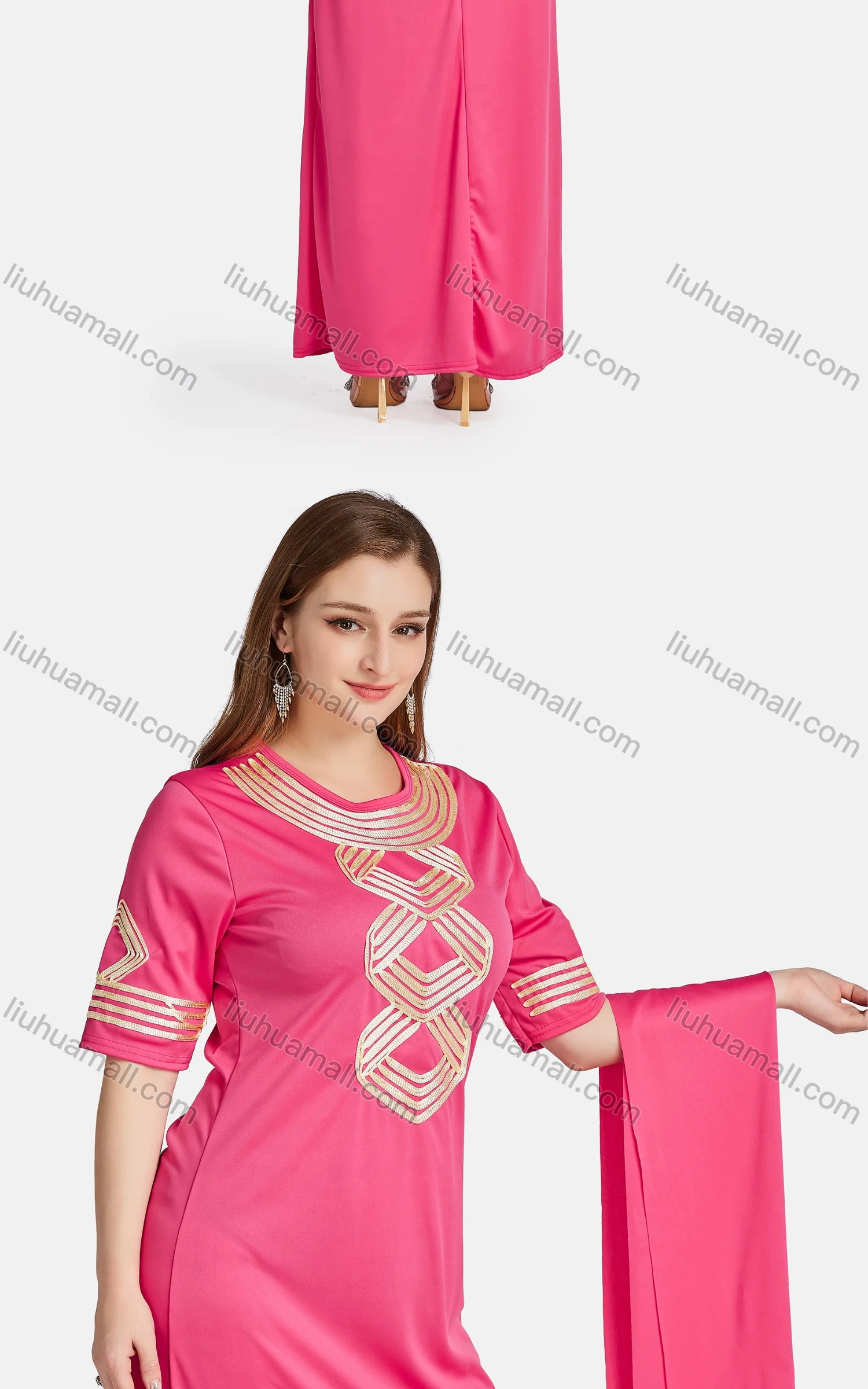 Wholesale Women's African Embroidered Argyle Print Maxi Dress With Scarf - Liuhuamall