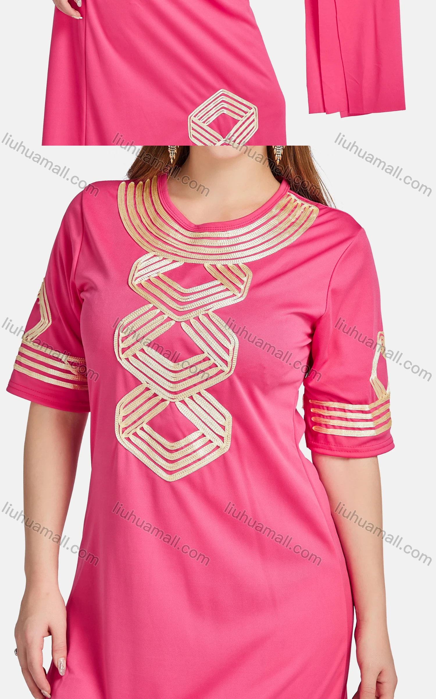 Wholesale Women's African Embroidered Argyle Print Maxi Dress With Scarf - Liuhuamall