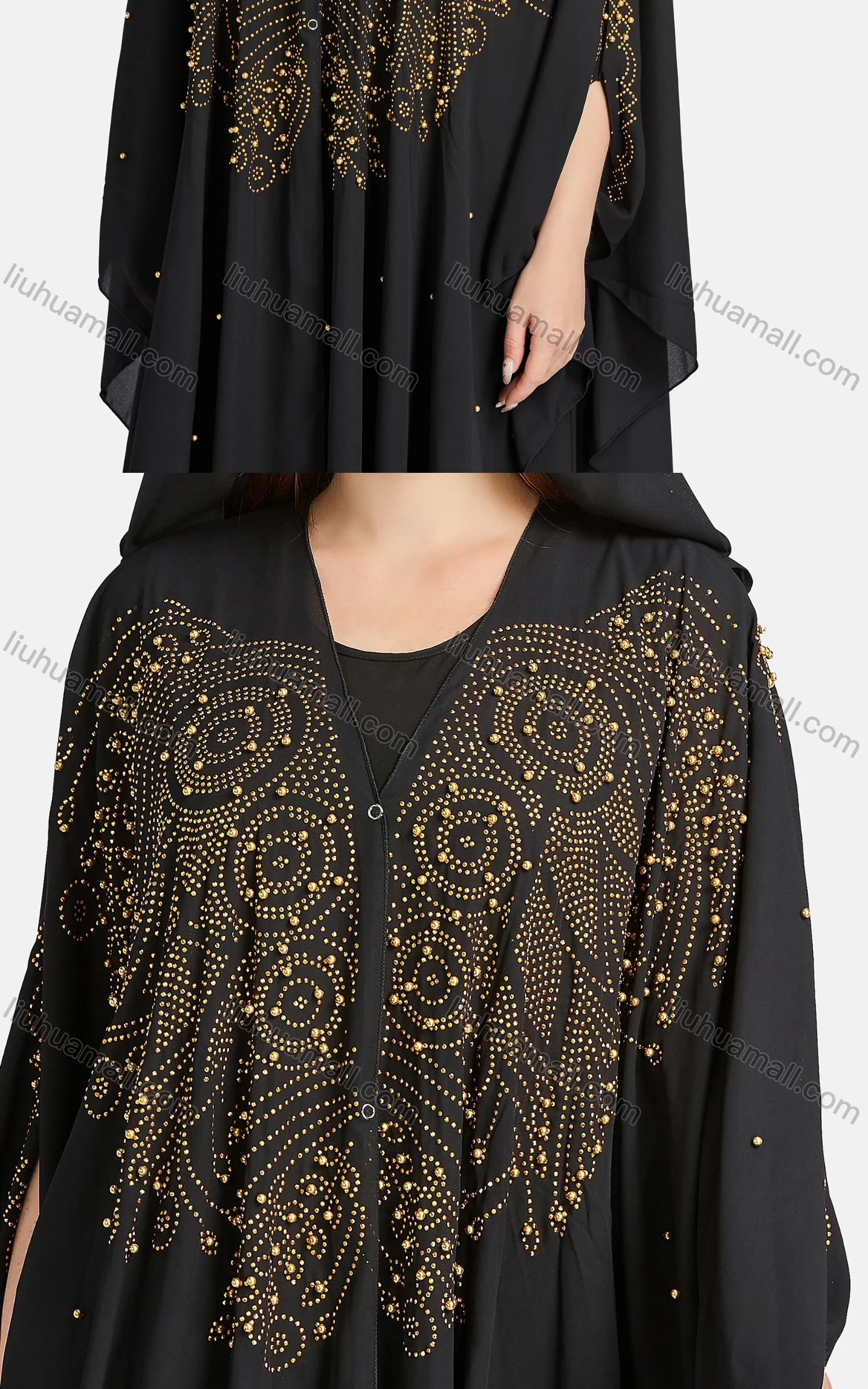 Wholesale Women's Muslim Islamic Rhinestone Beaded Triangular Hem Kaftan With Hijab WQ82# - Liuhuamall