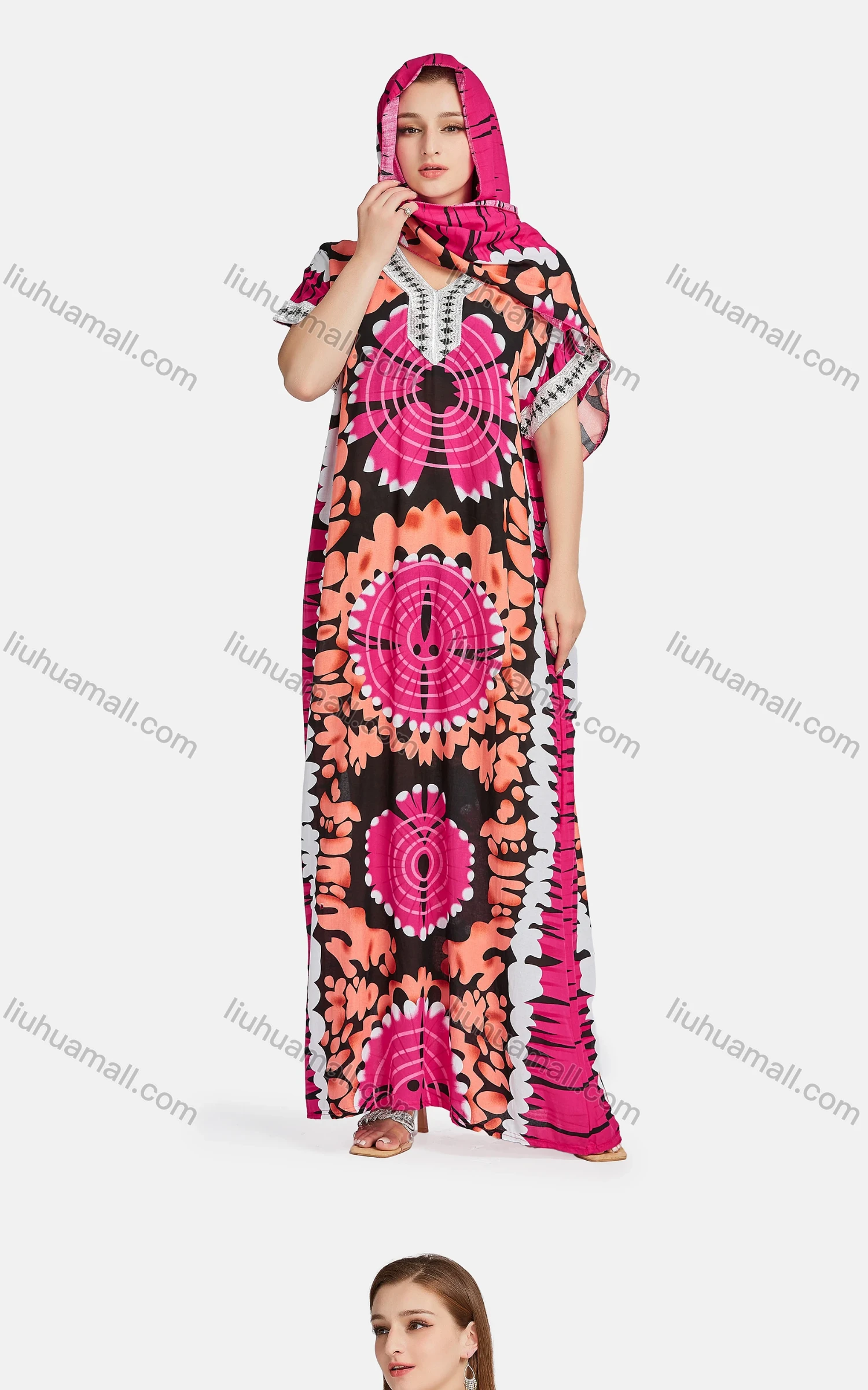 Wholesale Women's African Embroidered Allover Print Floral Maxi Dress With Scarf WQ87# - Liuhuamall