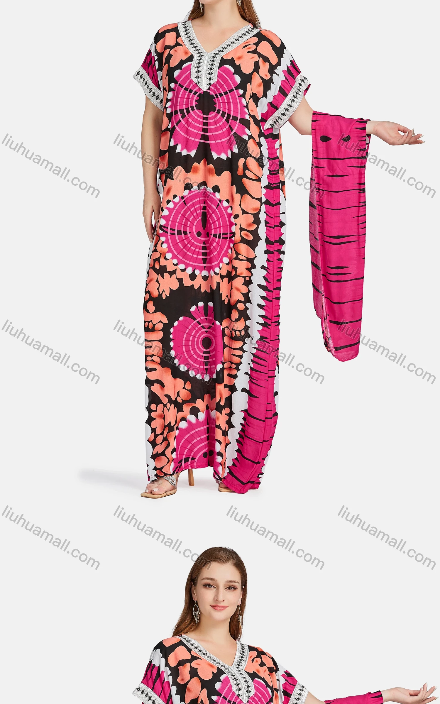 Wholesale Women's African Embroidered Allover Print Floral Maxi Dress With Scarf WQ87# - Liuhuamall