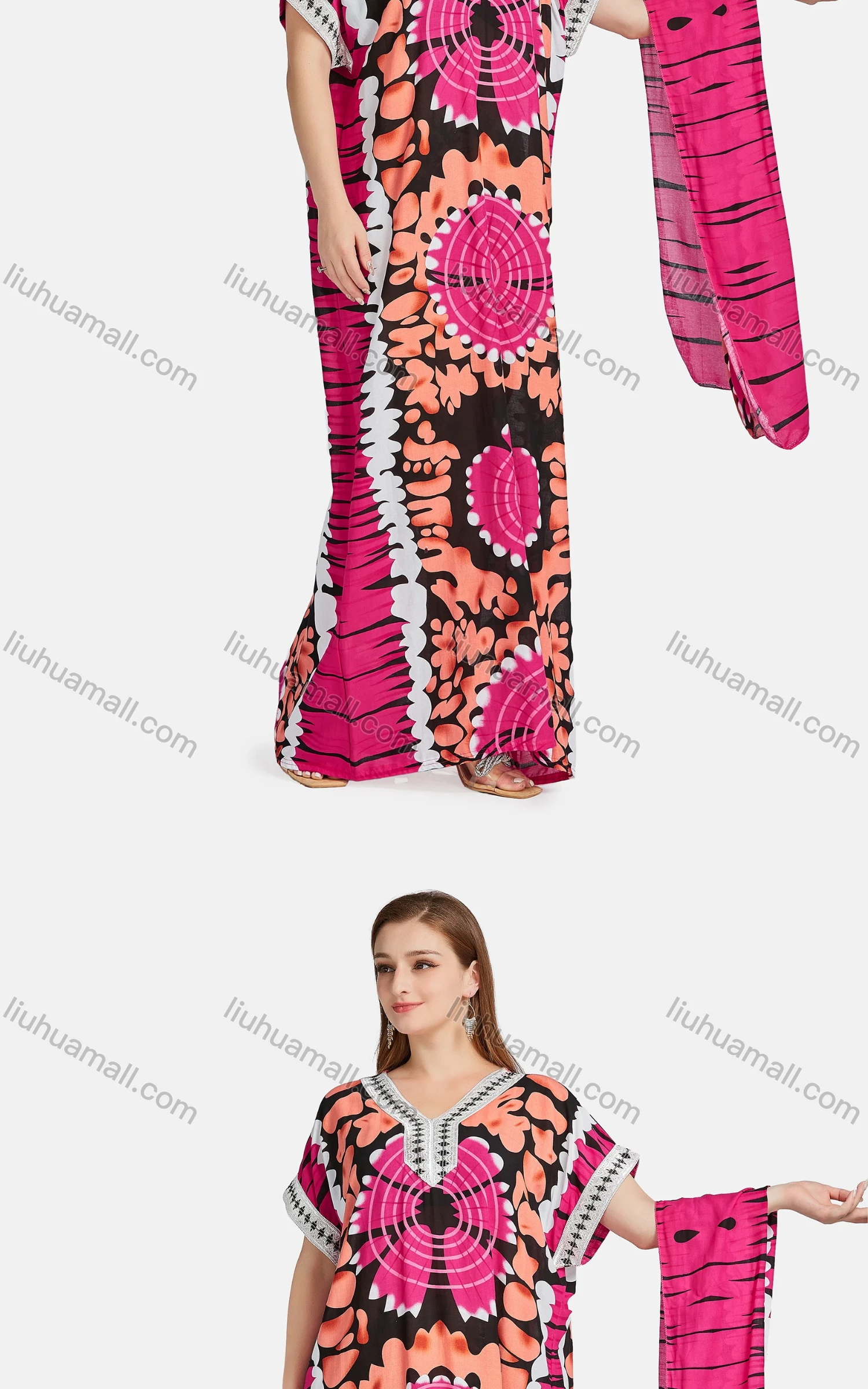 Wholesale Women's African Embroidered Allover Print Floral Maxi Dress With Scarf WQ87# - Liuhuamall