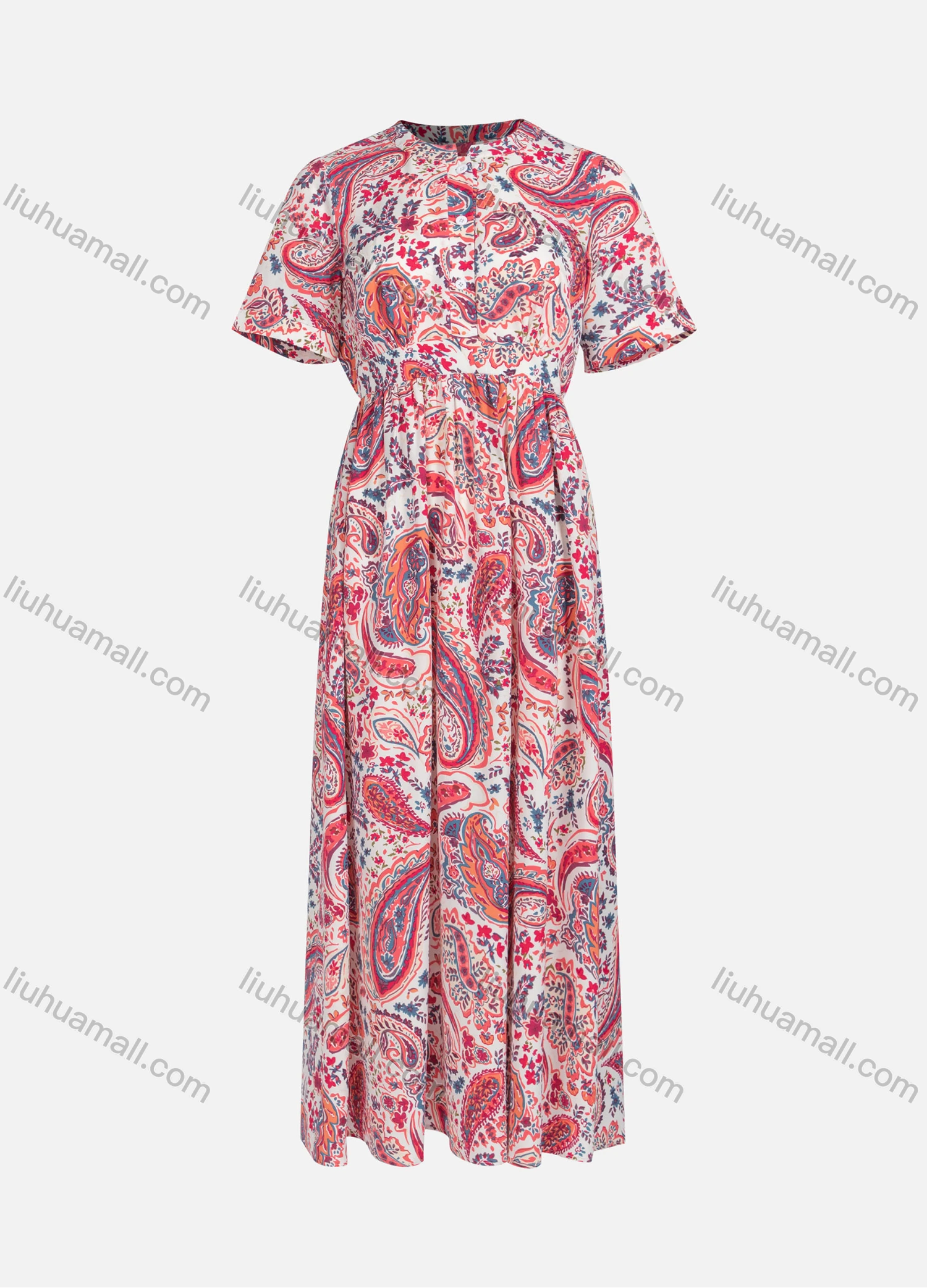 Wholesale Women's Causal Vintage Paisley Print Mock Neck Short Sleeve Buttons Front Maxi Dress Y20106# - Liuhuamall