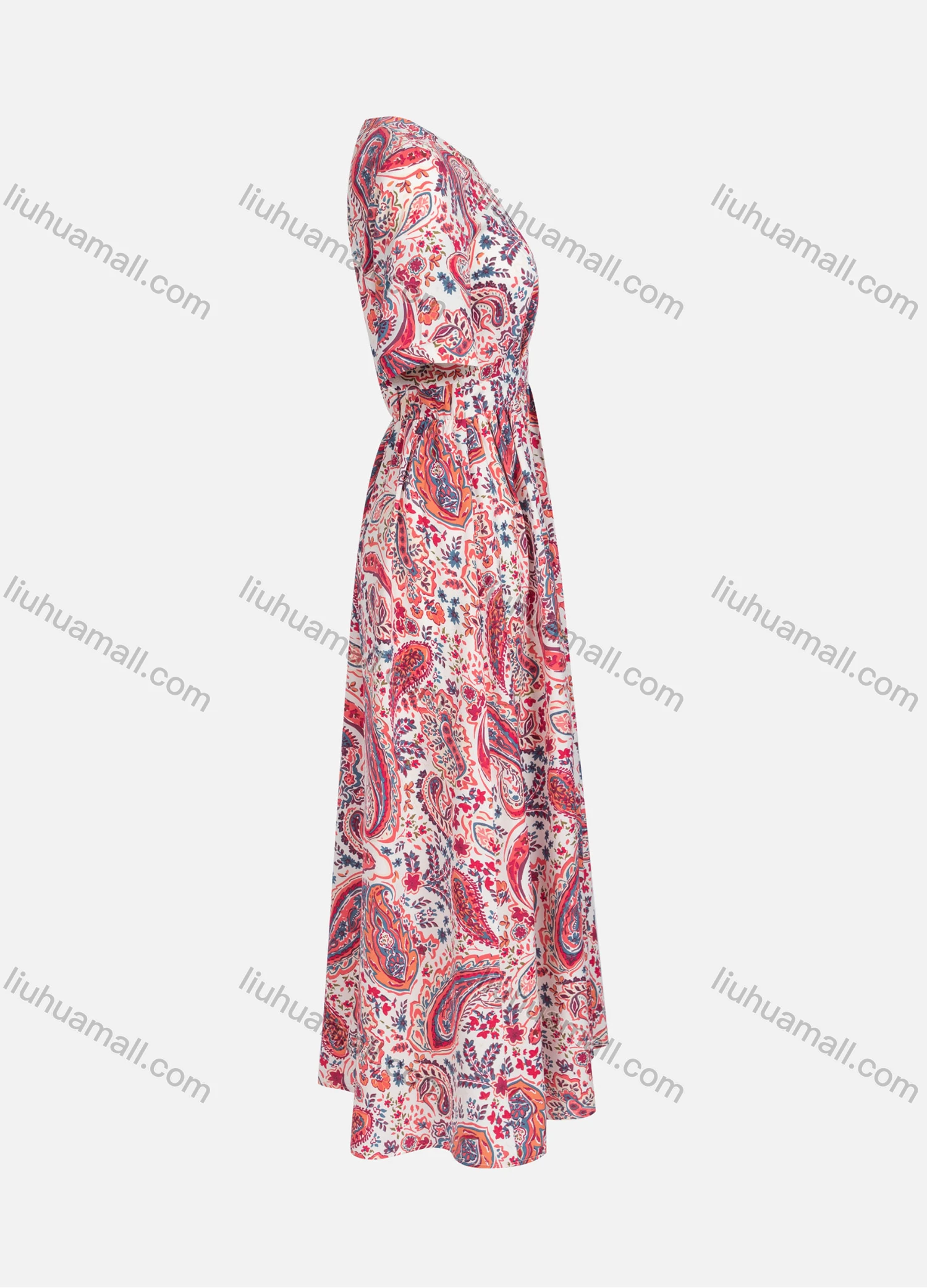 Wholesale Women's Causal Vintage Paisley Print Mock Neck Short Sleeve Buttons Front Maxi Dress Y20106# - Liuhuamall