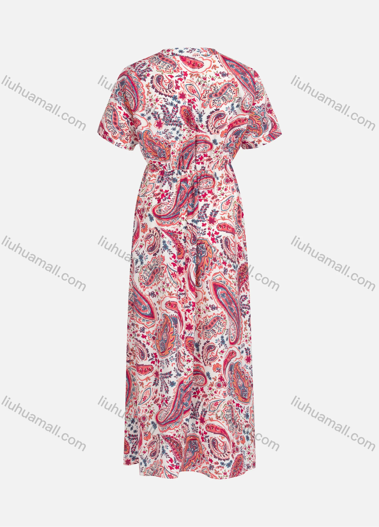 Wholesale Women's Causal Vintage Paisley Print Mock Neck Short Sleeve Buttons Front Maxi Dress Y20106# - Liuhuamall