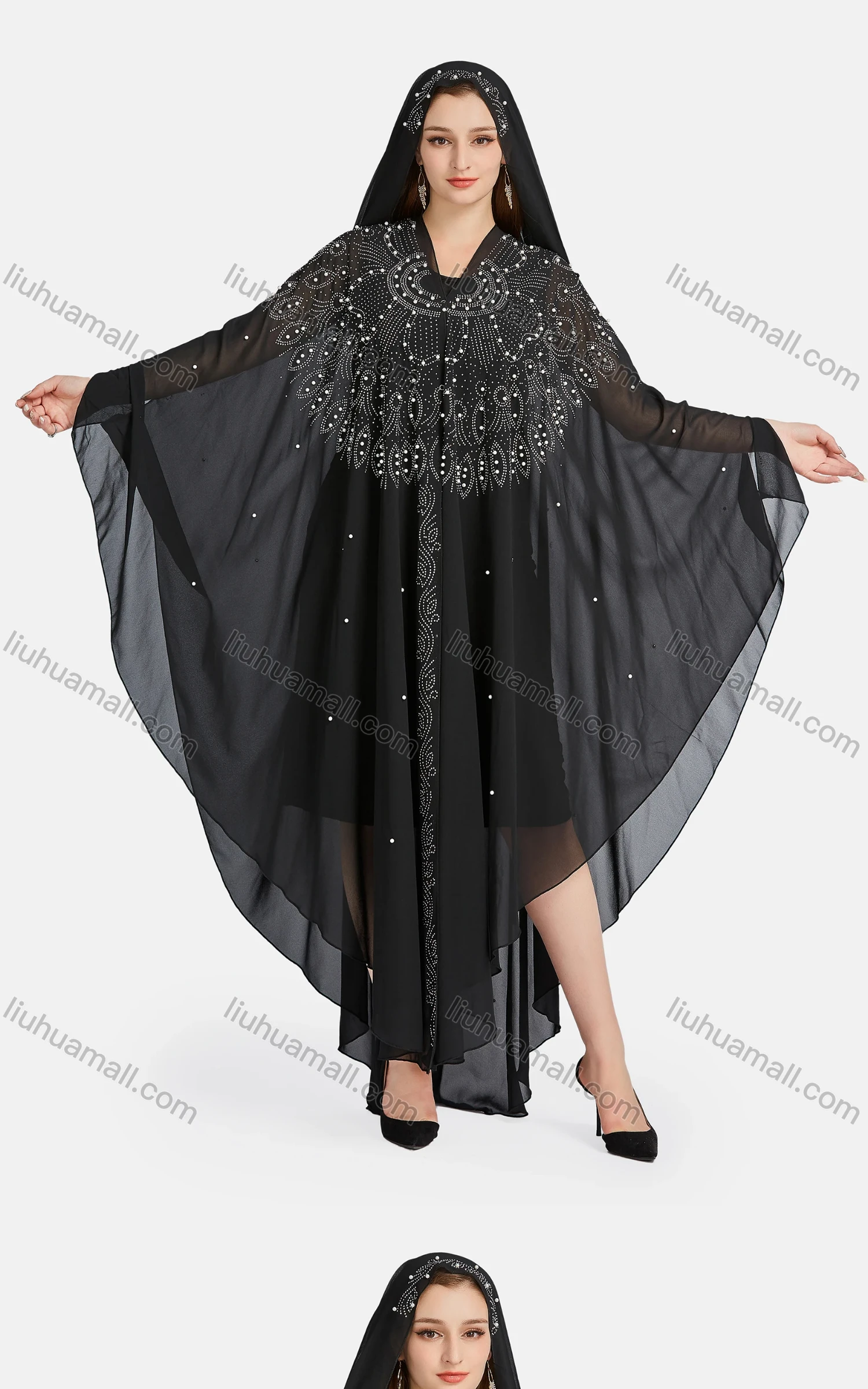 Wholesale Women's Muslim Islamic Rhinestone Beaded Triangular Hem Kaftan With Hijab WQ81# - Liuhuamall