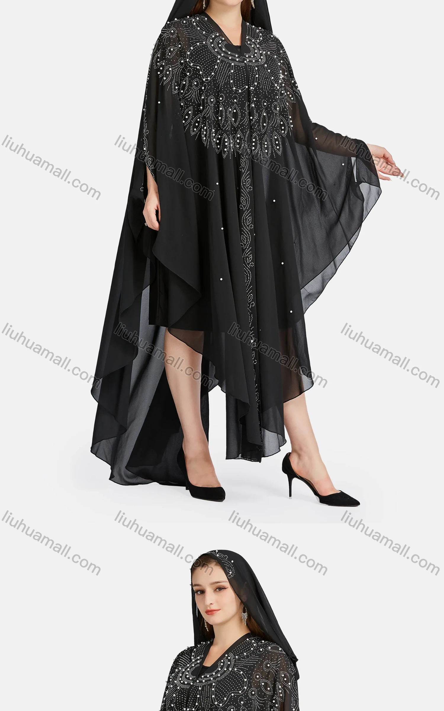 Wholesale Women's Muslim Islamic Rhinestone Beaded Triangular Hem Kaftan With Hijab WQ81# - Liuhuamall