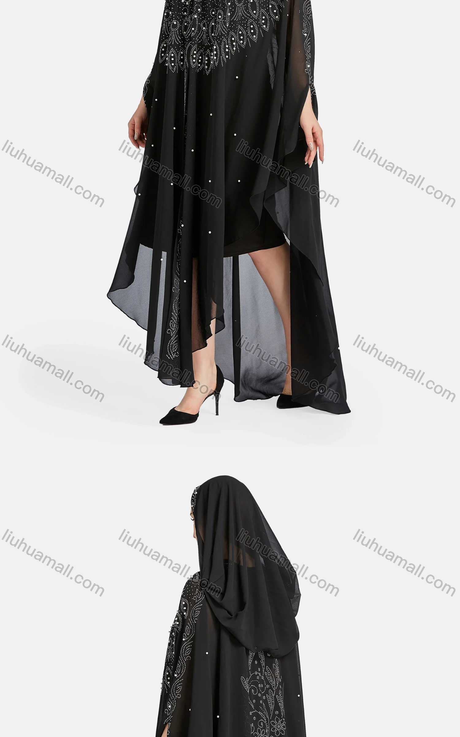 Wholesale Women's Muslim Islamic Rhinestone Beaded Triangular Hem Kaftan With Hijab WQ81# - Liuhuamall