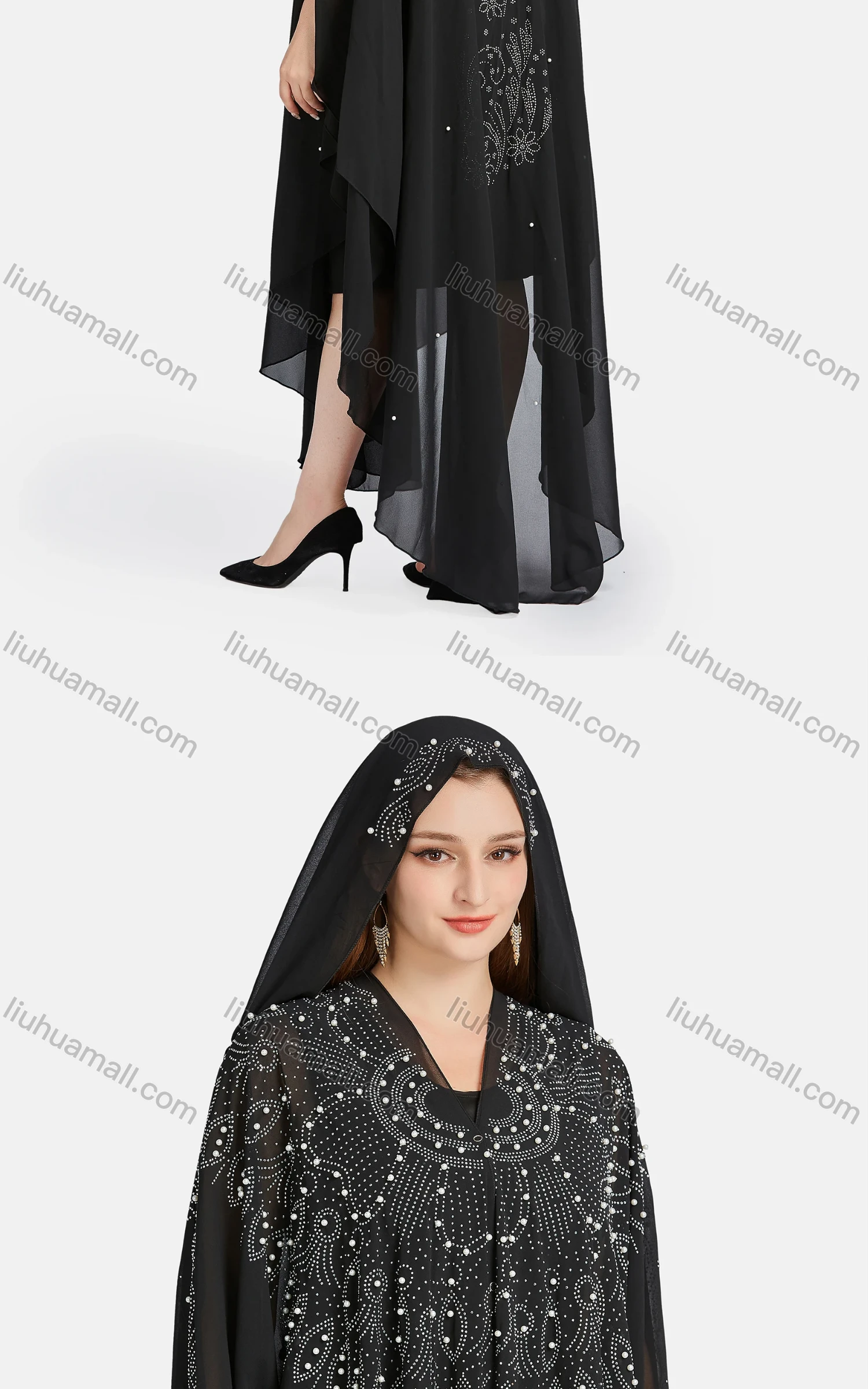 Wholesale Women's Muslim Islamic Rhinestone Beaded Triangular Hem Kaftan With Hijab WQ81# - Liuhuamall