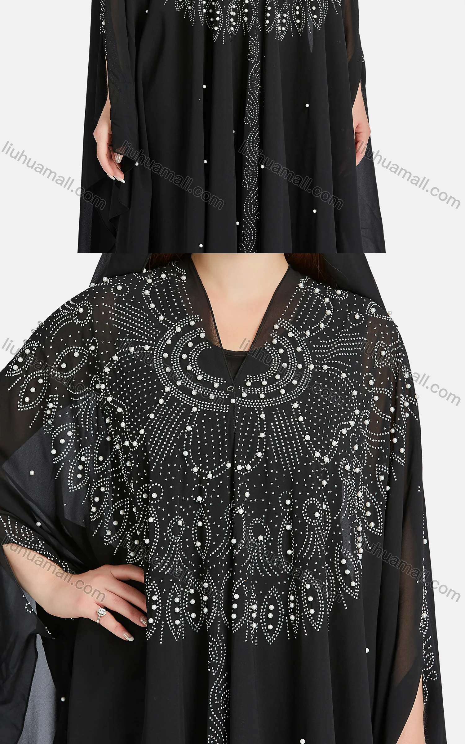 Wholesale Women's Muslim Islamic Rhinestone Beaded Triangular Hem Kaftan With Hijab WQ81# - Liuhuamall