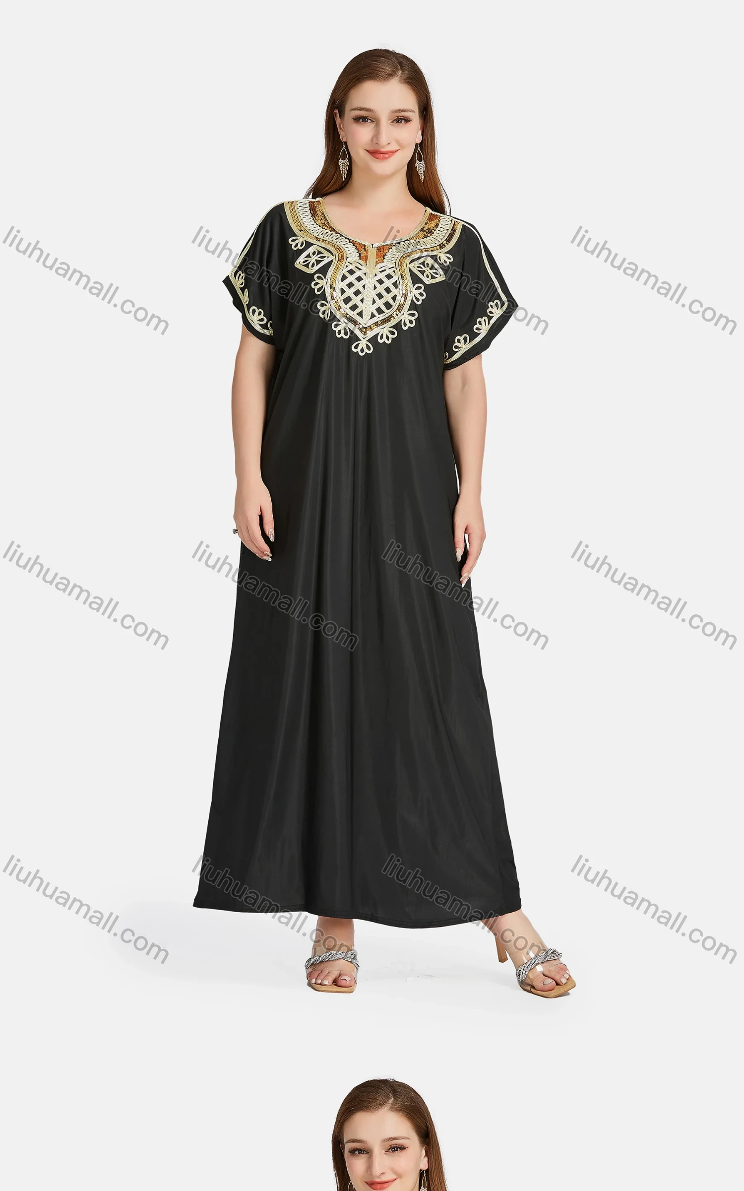 Wholesale Women's African Short Sleeve Sequin Ruched Embroidered Folk Art Maxi Dress 2096# - Liuhuamall