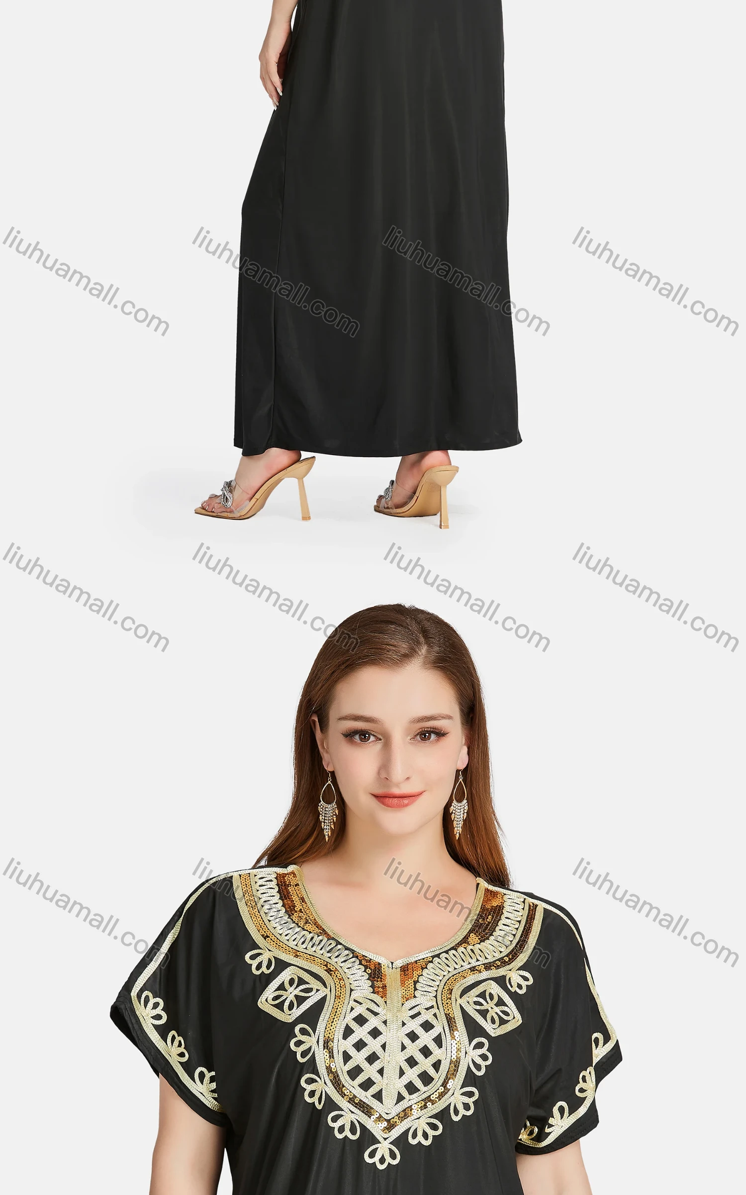 Wholesale Women's African Short Sleeve Sequin Ruched Embroidered Folk Art Maxi Dress 2096# - Liuhuamall