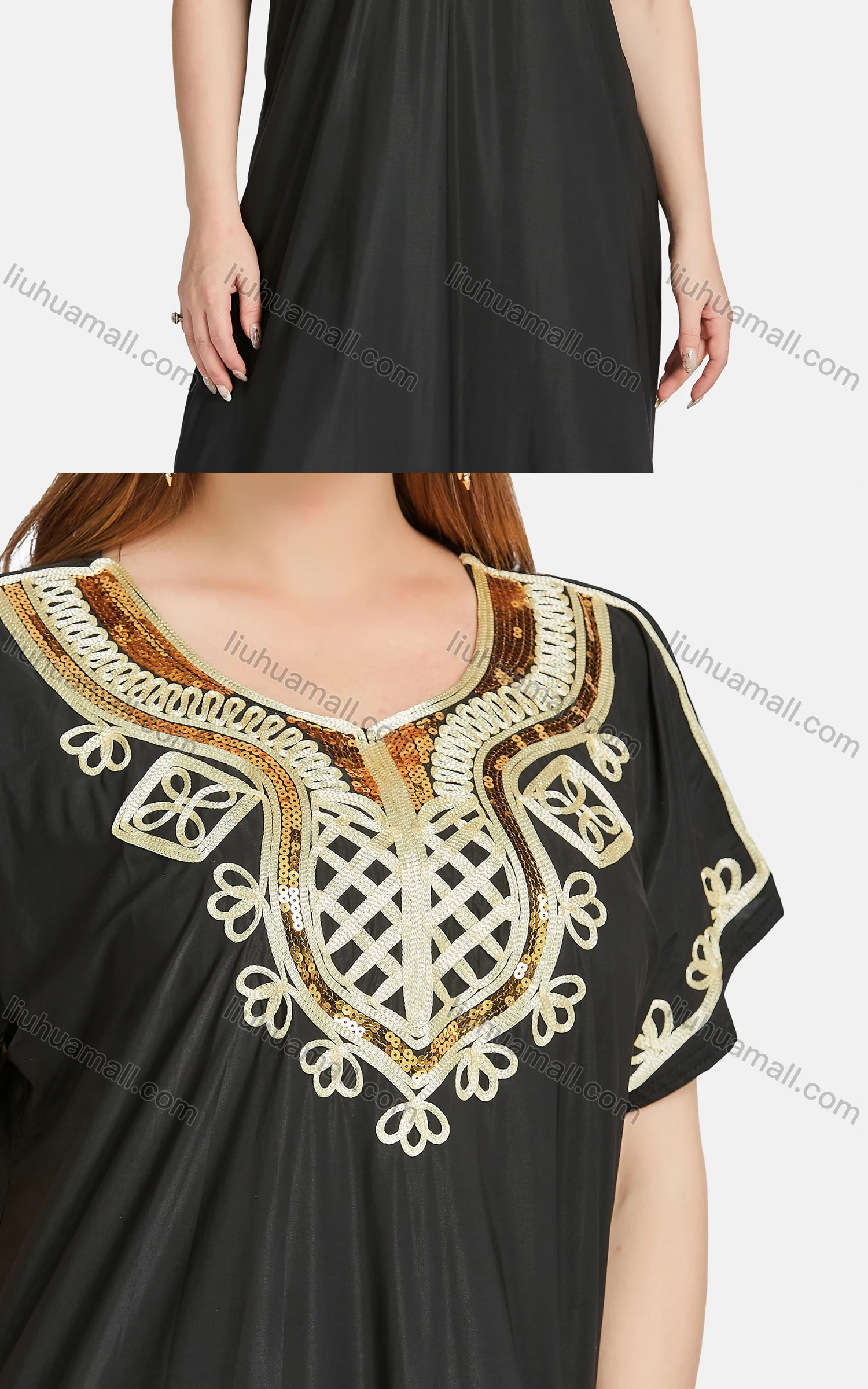 Wholesale Women's African Short Sleeve Sequin Ruched Embroidered Folk Art Maxi Dress 2096# - Liuhuamall