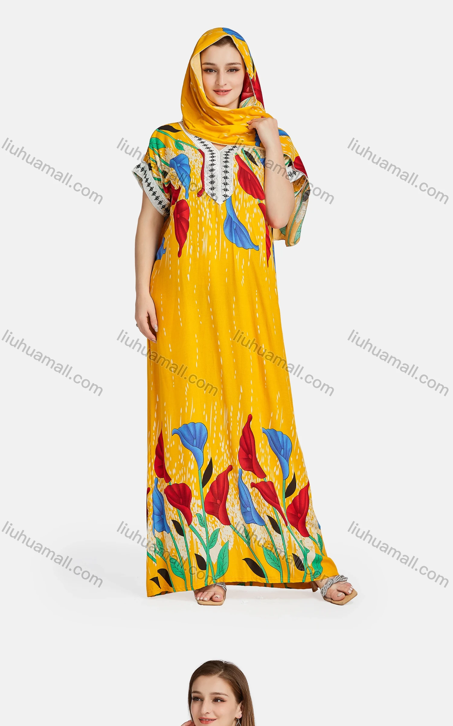 Wholesale Women's African Short Sleeve Embroidered Floral Maxi Dress With Scarf WQ47# - Liuhuamall