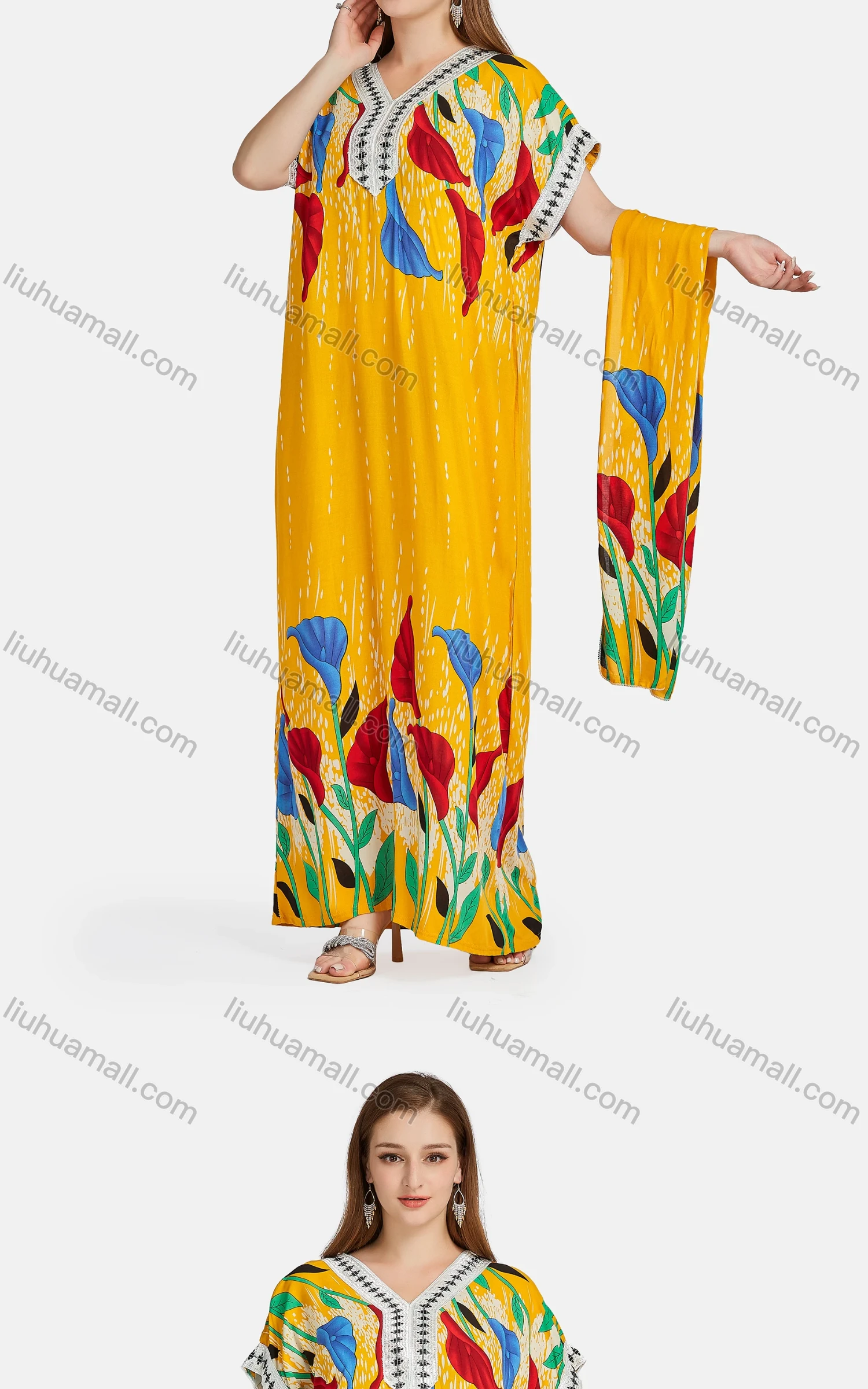 Wholesale Women's African Short Sleeve Embroidered Floral Maxi Dress With Scarf WQ47# - Liuhuamall