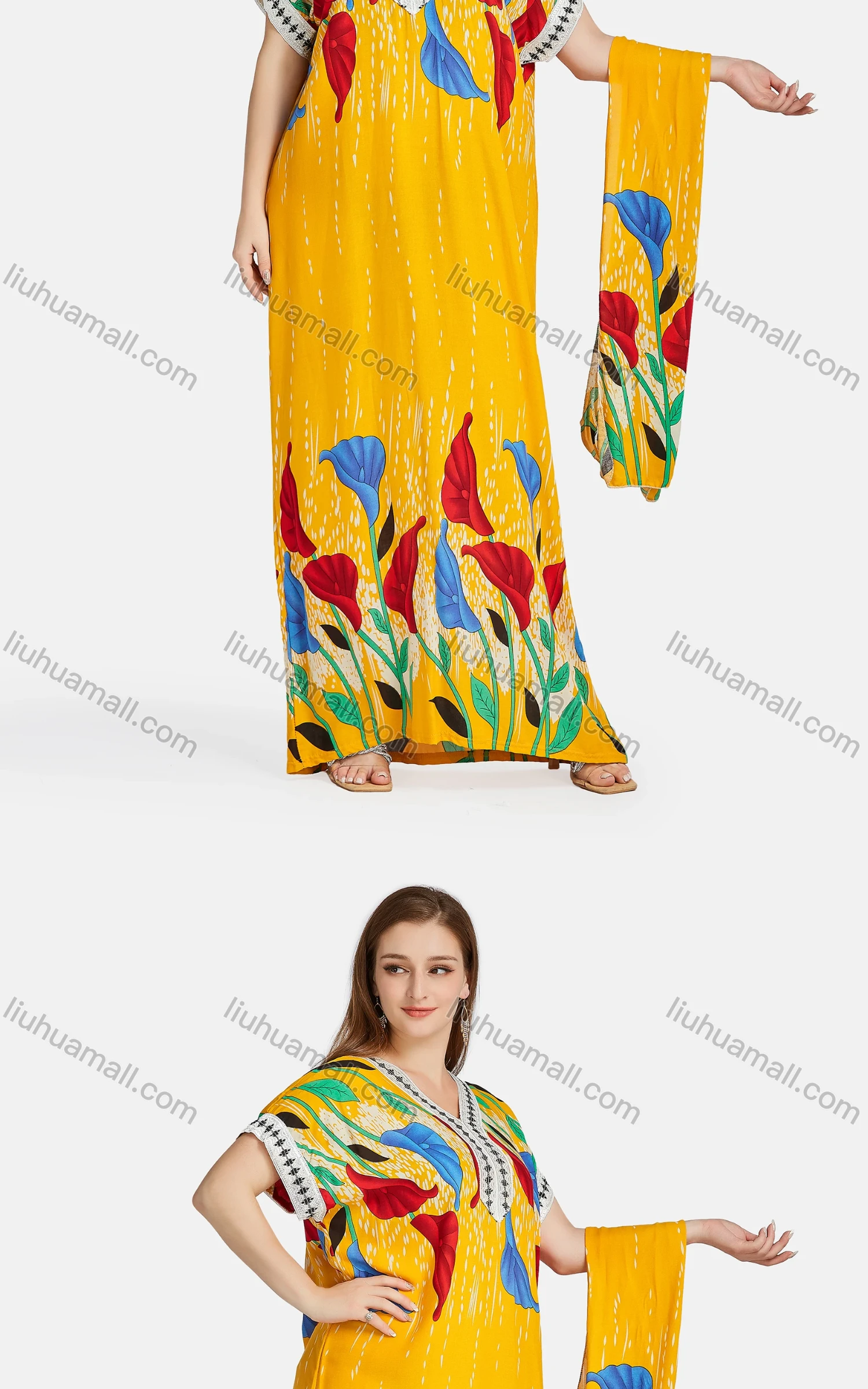 Wholesale Women's African Short Sleeve Embroidered Floral Maxi Dress With Scarf WQ47# - Liuhuamall