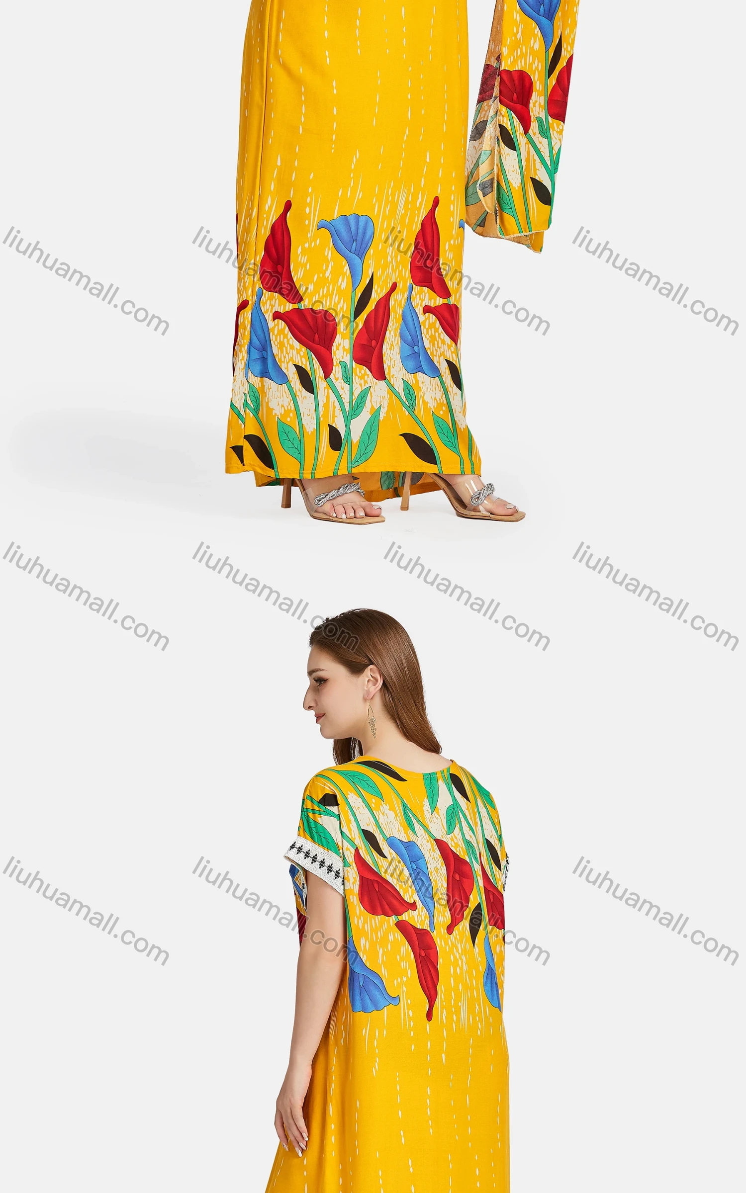 Wholesale Women's African Short Sleeve Embroidered Floral Maxi Dress With Scarf WQ47# - Liuhuamall