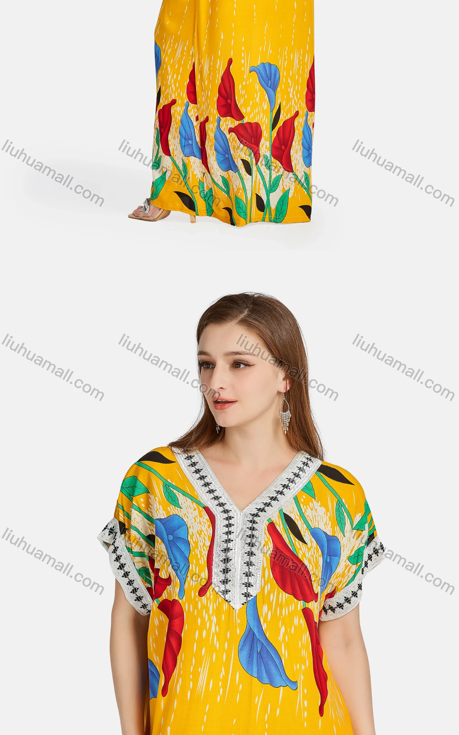 Wholesale Women's African Short Sleeve Embroidered Floral Maxi Dress With Scarf WQ47# - Liuhuamall