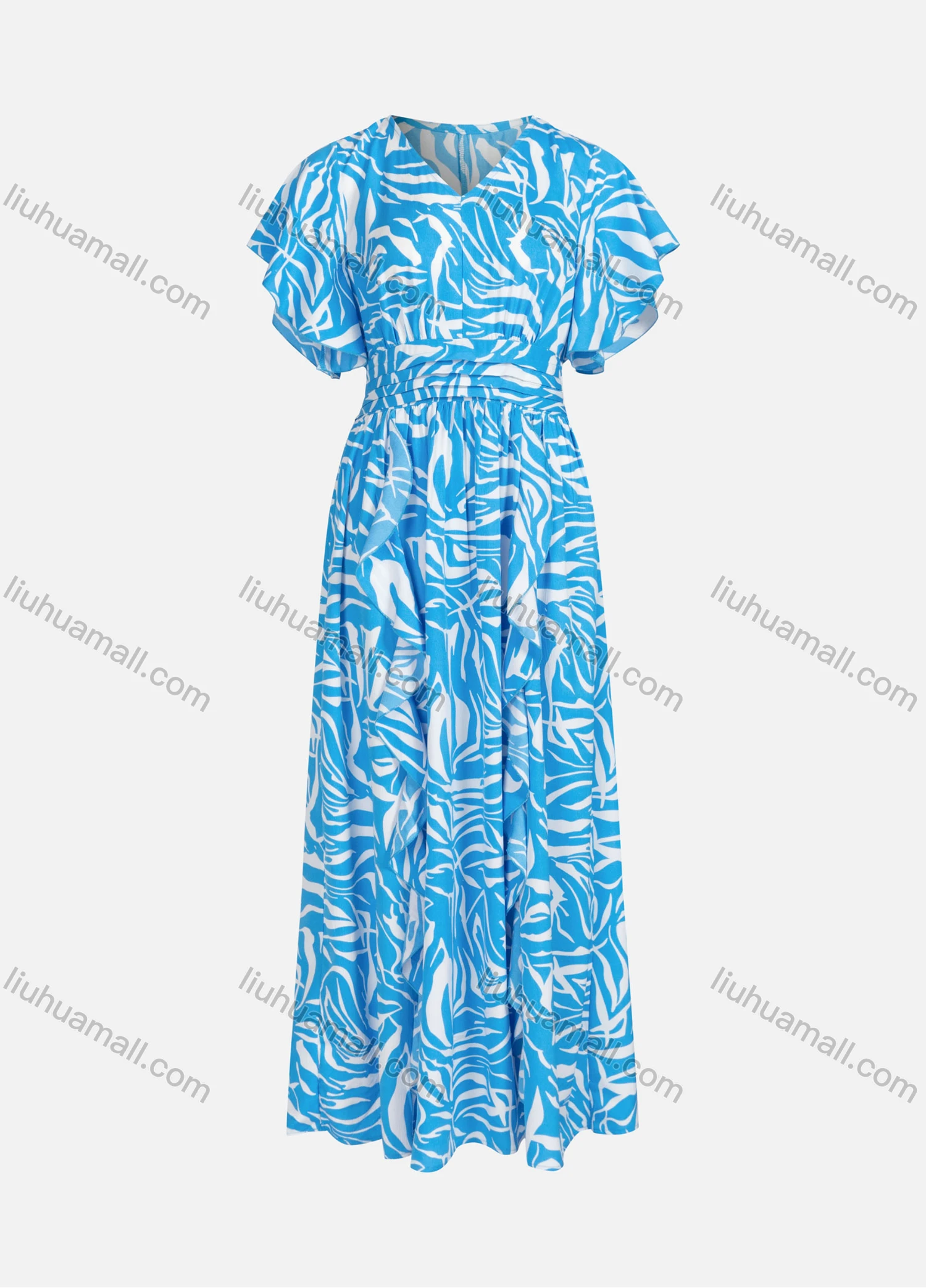 Wholesale Women's Casual Allover Print V Neck Short Sleeve Maxi Dress Y00108# - Liuhuamall