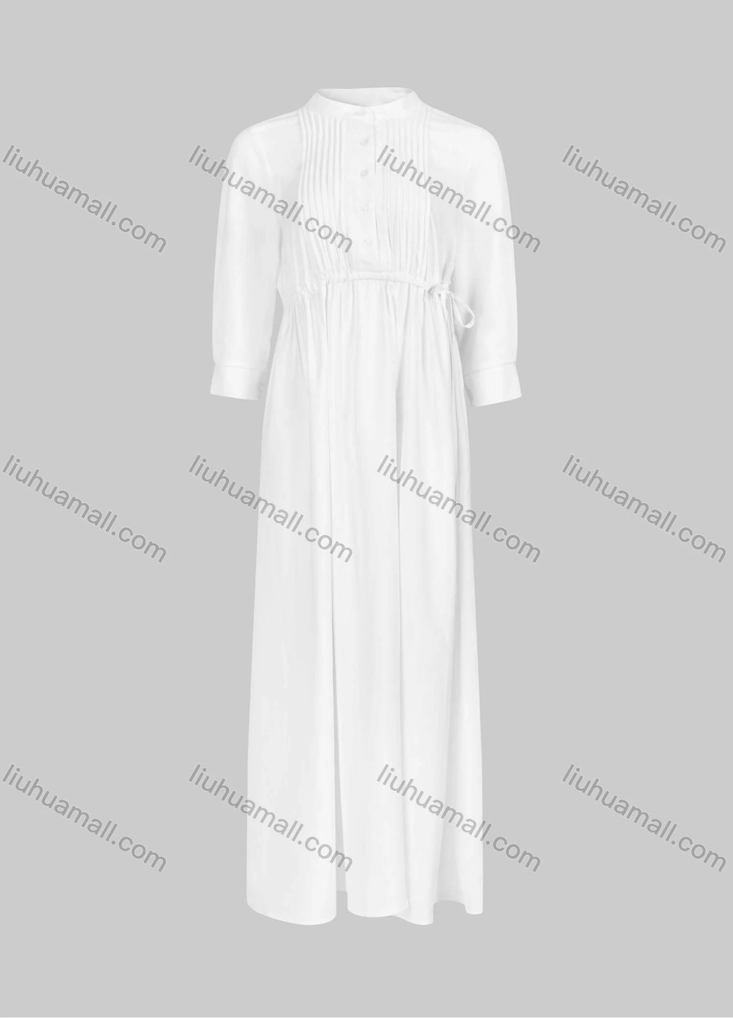 Wholesale Women's Casual Elegant Plain Pleated Stand Collar Buttons Front 3/4 Sleeve Drawstring Maxi Dress - Liuhuamall