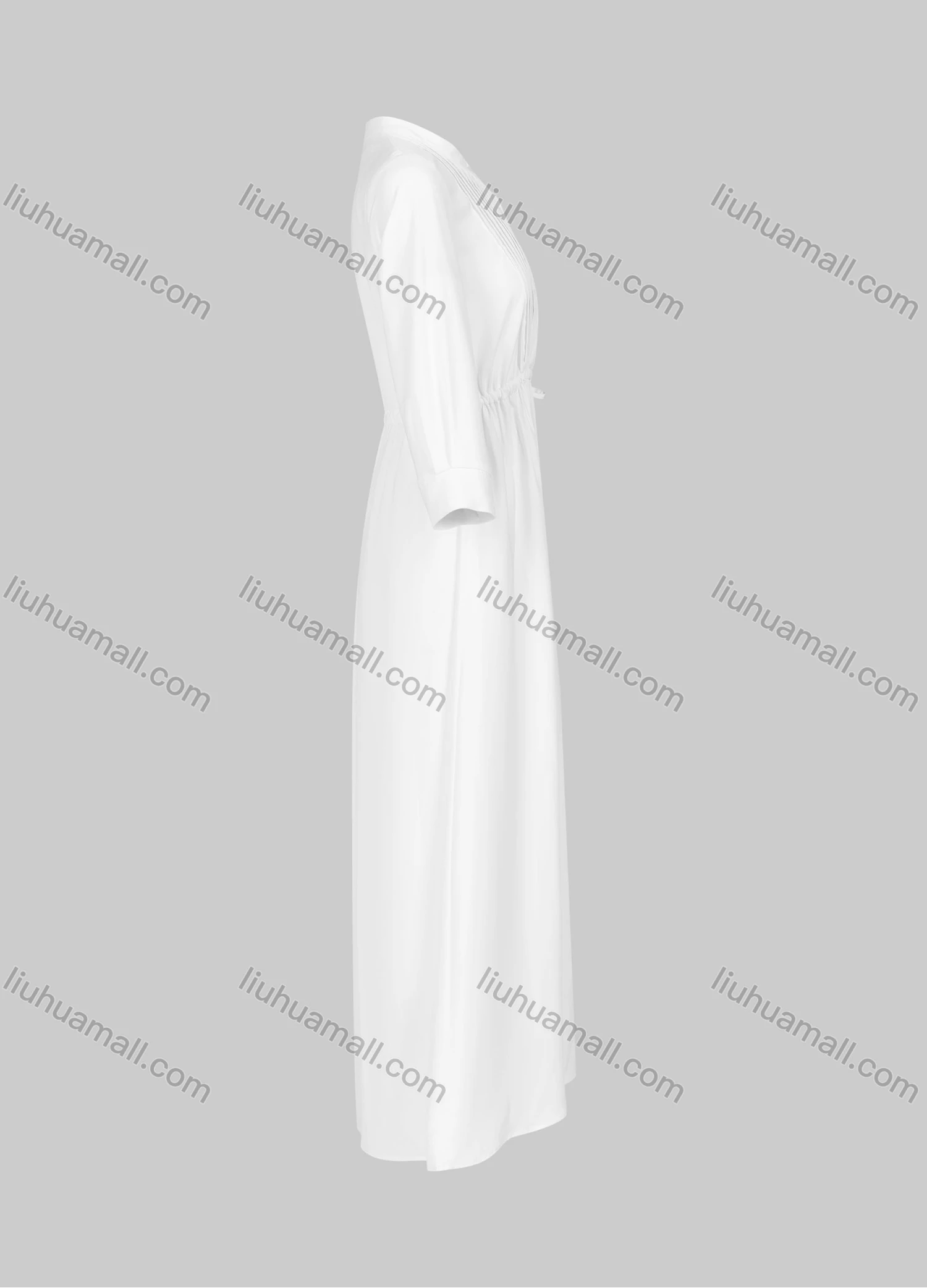 Wholesale Women's Casual Elegant Plain Pleated Stand Collar Buttons Front 3/4 Sleeve Drawstring Maxi Dress - Liuhuamall