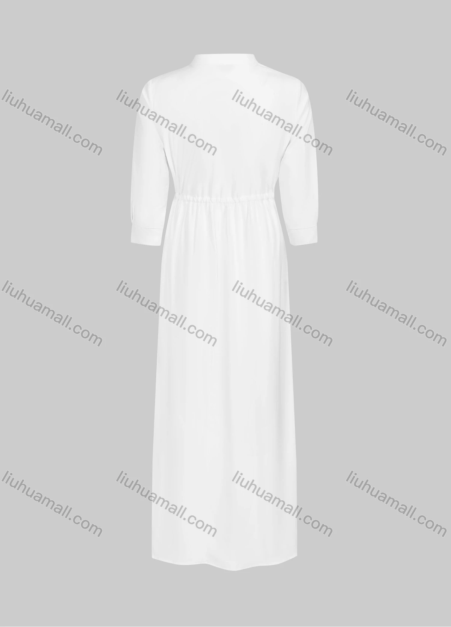 Wholesale Women's Casual Elegant Plain Pleated Stand Collar Buttons Front 3/4 Sleeve Drawstring Maxi Dress - Liuhuamall