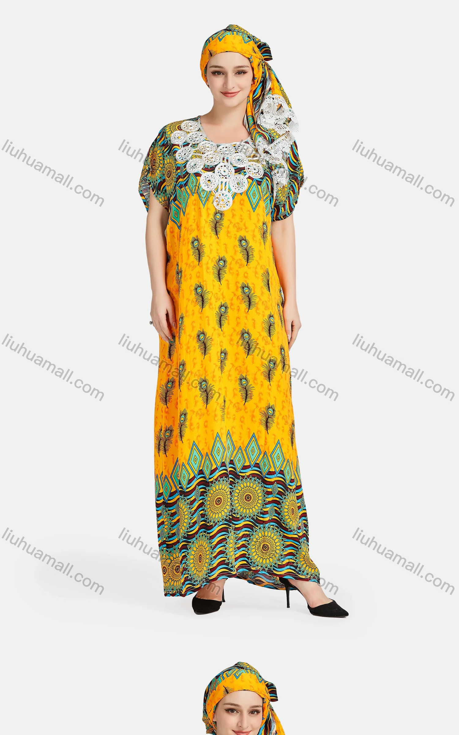 Wholesale Women's African Short Sleeve Embroidered Argyle Print Maxi Dress With Scarf 2093# - Liuhuamall