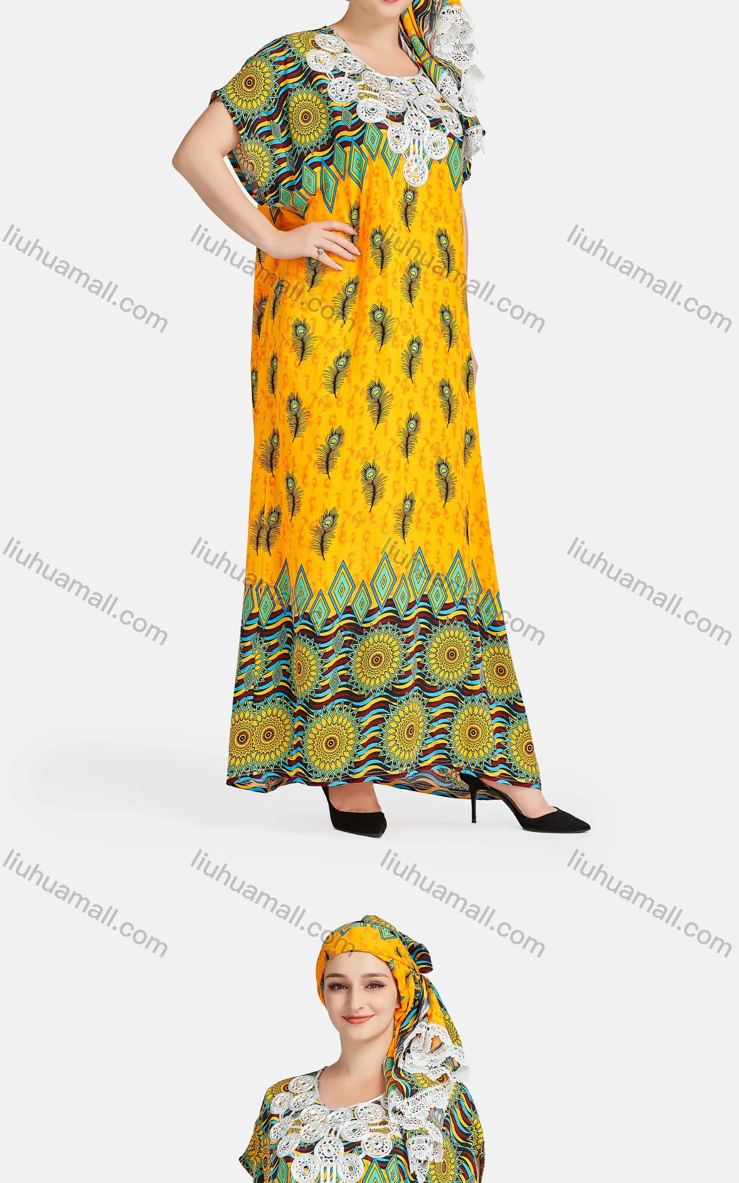 Wholesale Women's African Short Sleeve Embroidered Argyle Print Maxi Dress With Scarf 2093# - Liuhuamall