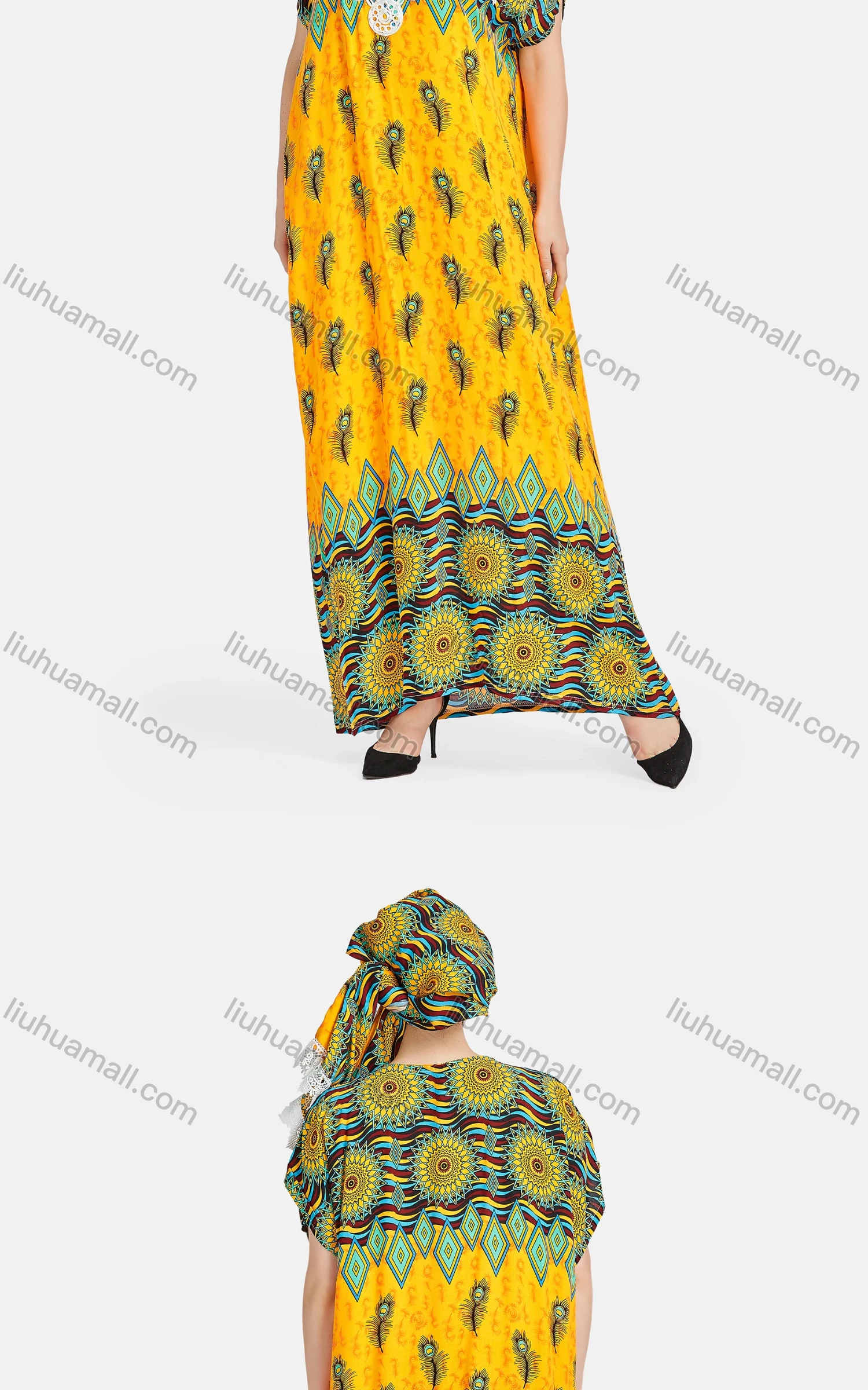 Wholesale Women's African Short Sleeve Embroidered Argyle Print Maxi Dress With Scarf 2093# - Liuhuamall