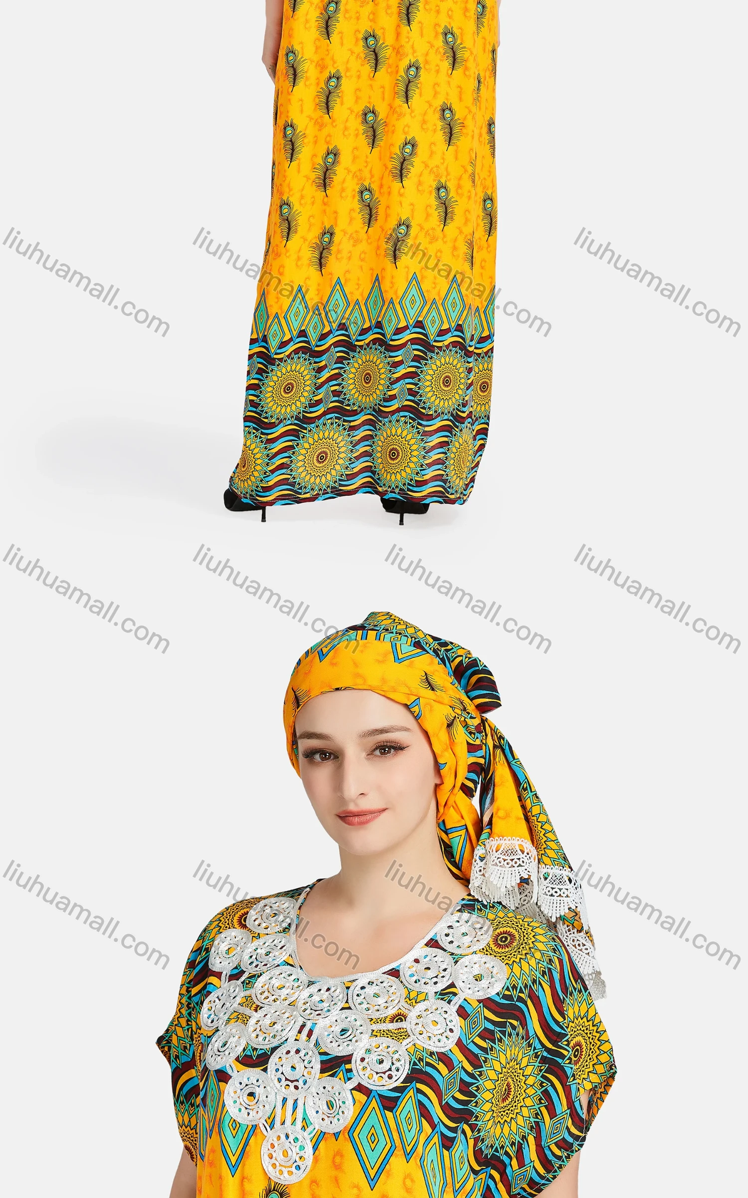 Wholesale Women's African Short Sleeve Embroidered Argyle Print Maxi Dress With Scarf 2093# - Liuhuamall