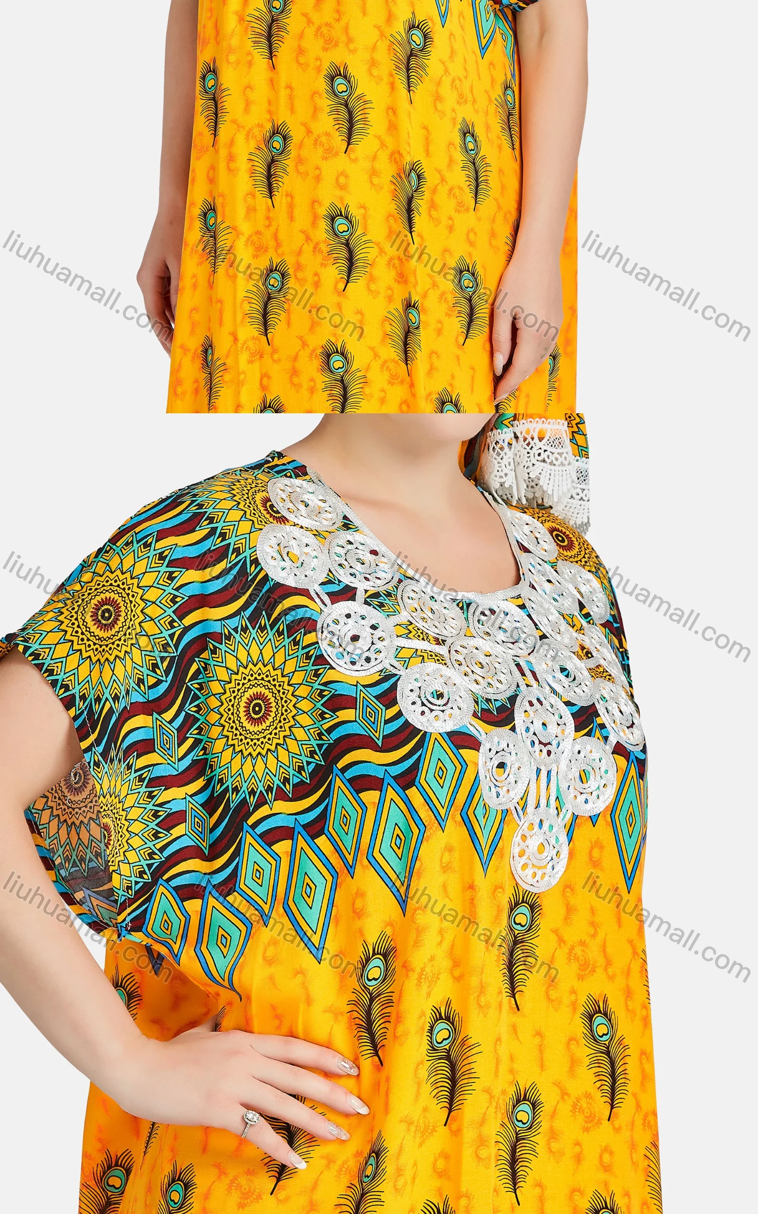 Wholesale Women's African Short Sleeve Embroidered Argyle Print Maxi Dress With Scarf 2093# - Liuhuamall