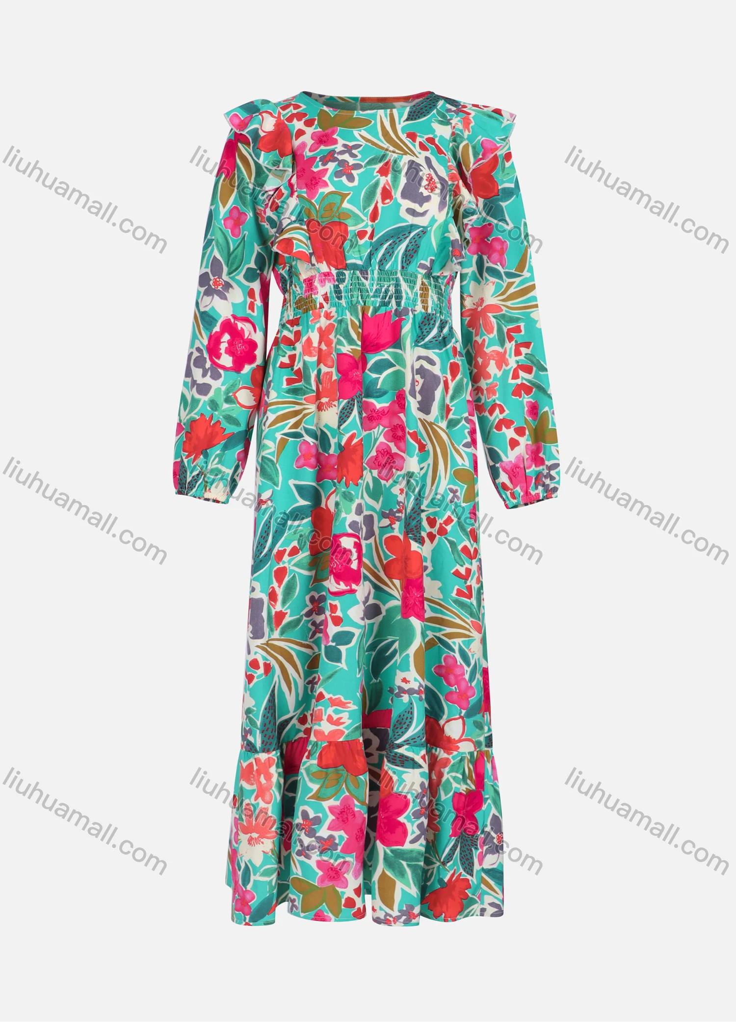 Wholesale Women's Casual Round Neck Ruffle Trim Floral Print Shirred Long Sleeve Maxi Dress Y20041# - Liuhuamall