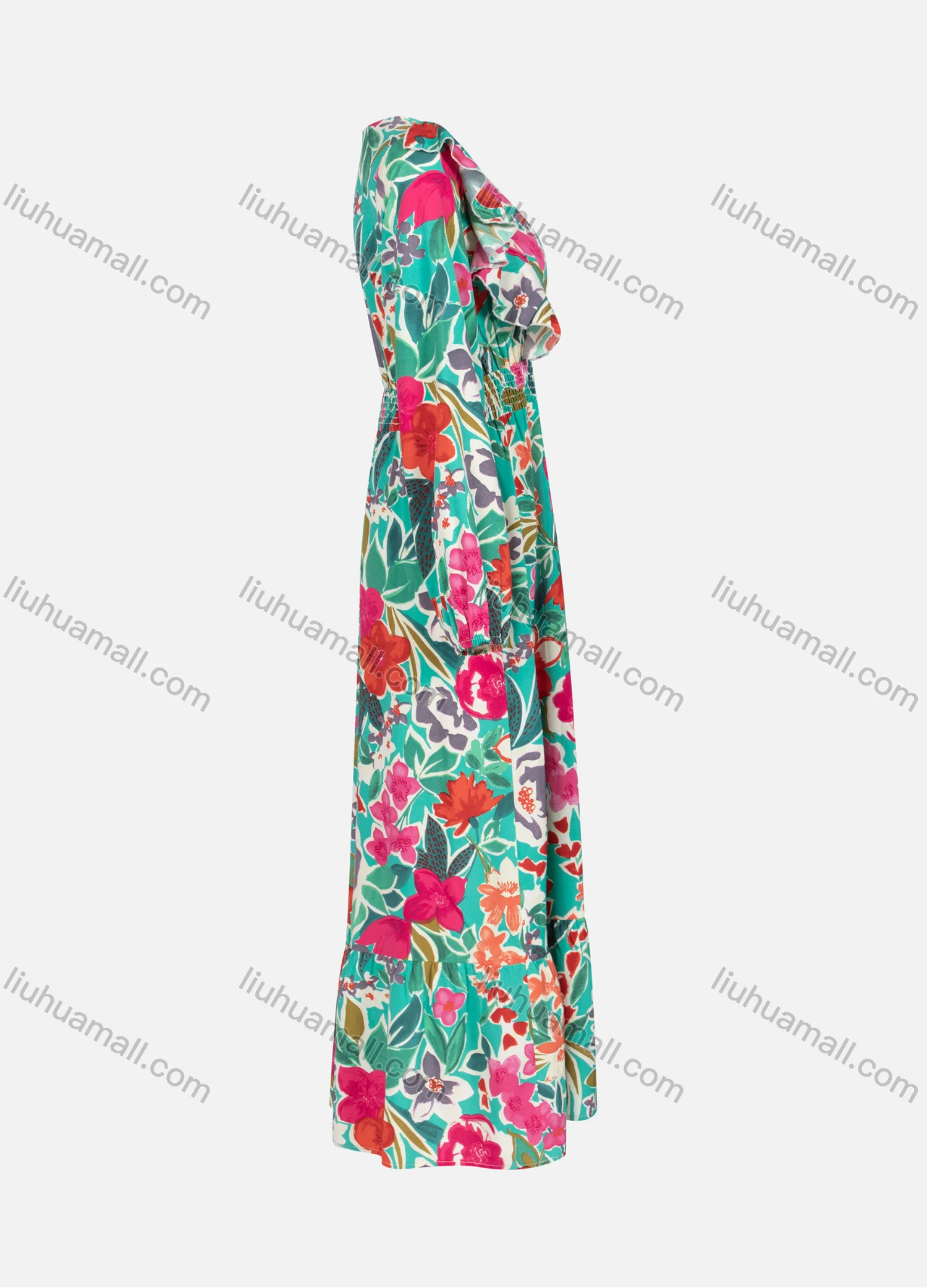 Wholesale Women's Casual Round Neck Ruffle Trim Floral Print Shirred Long Sleeve Maxi Dress Y20041# - Liuhuamall