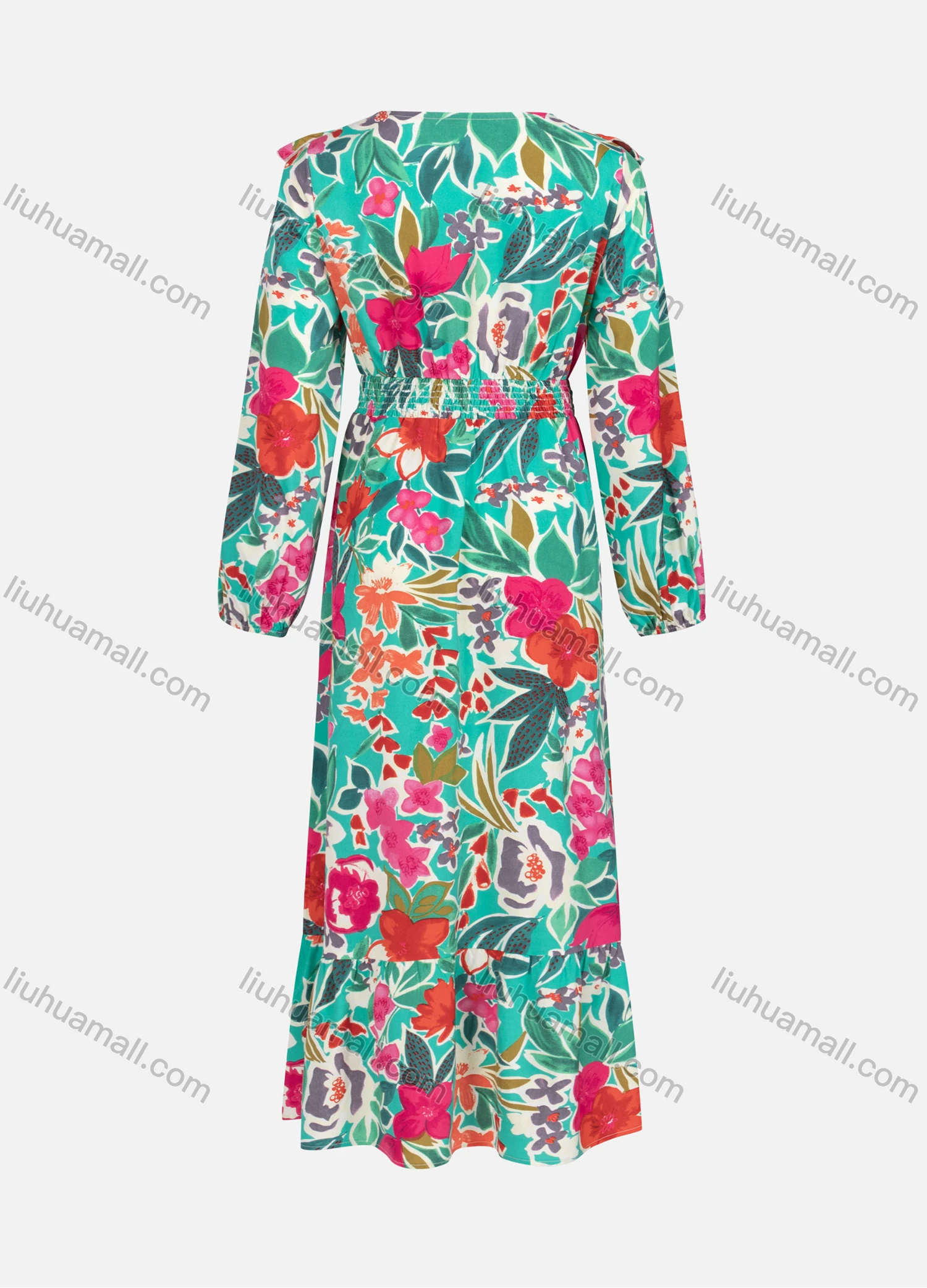 Wholesale Women's Casual Round Neck Ruffle Trim Floral Print Shirred Long Sleeve Maxi Dress Y20041# - Liuhuamall