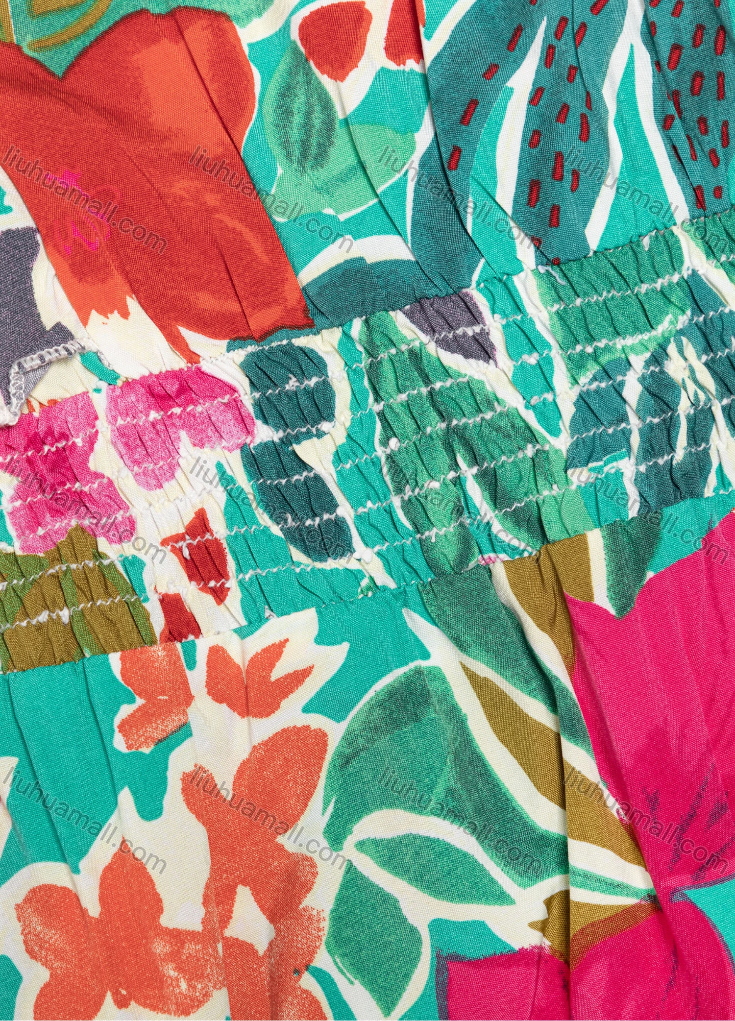 Wholesale Women's Casual Round Neck Ruffle Trim Floral Print Shirred Long Sleeve Maxi Dress Y20041# - Liuhuamall