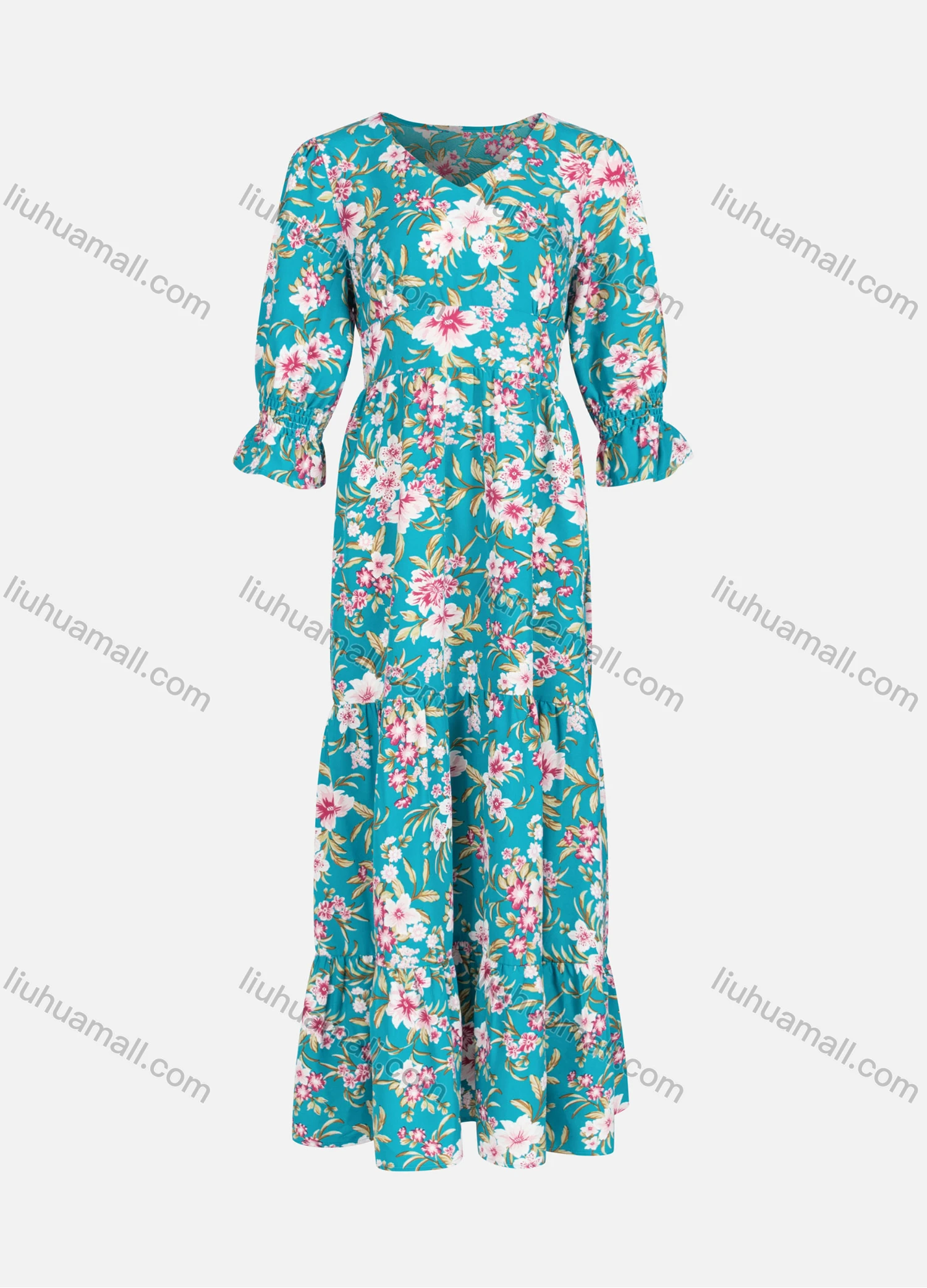 Wholesale Women's Elegant V Neck 3/4 Sleeve Ruffle Hem Maxi Dress Y0085# - Liuhuamall