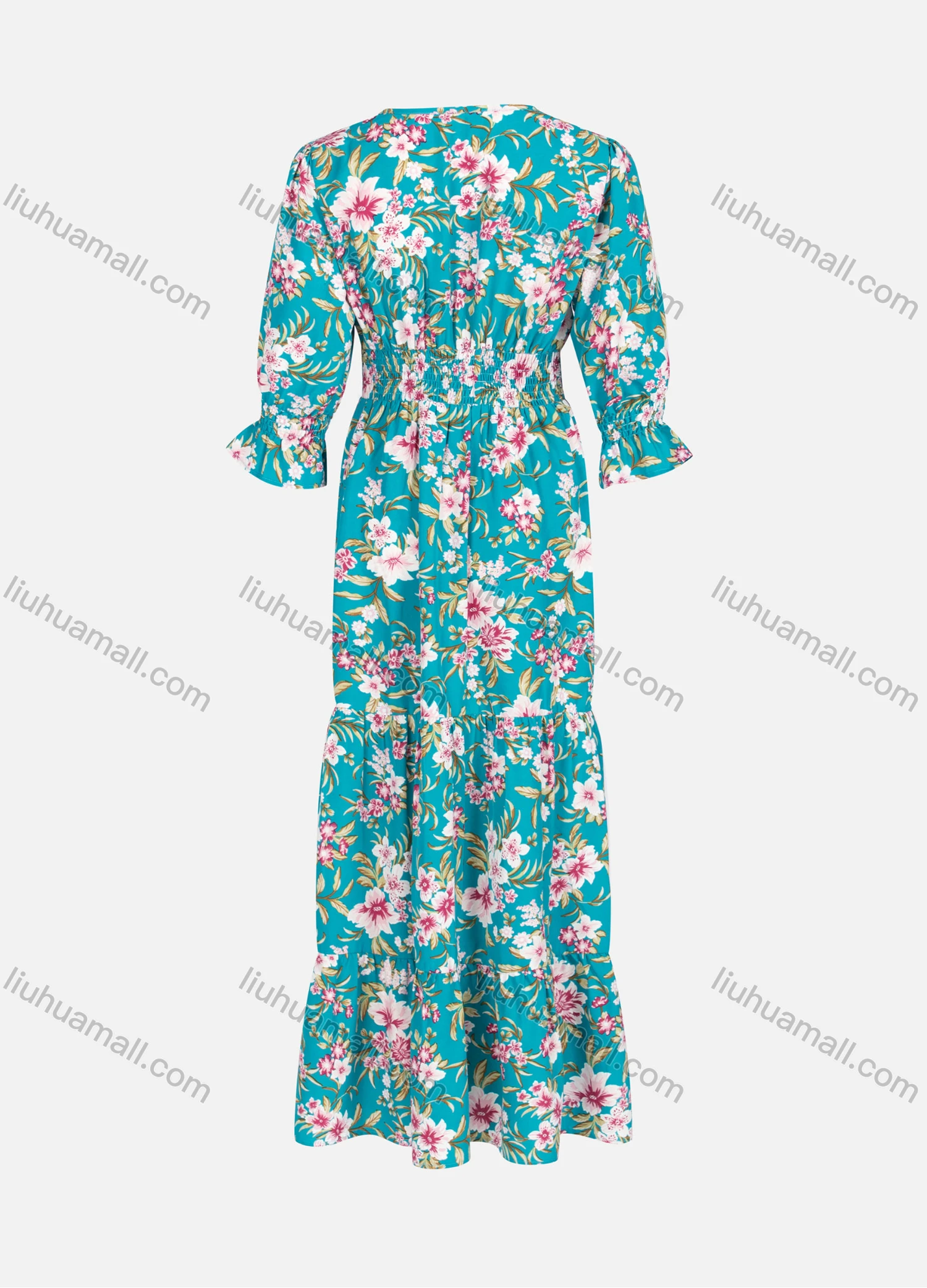 Wholesale Women's Elegant V Neck 3/4 Sleeve Ruffle Hem Maxi Dress Y0085# - Liuhuamall